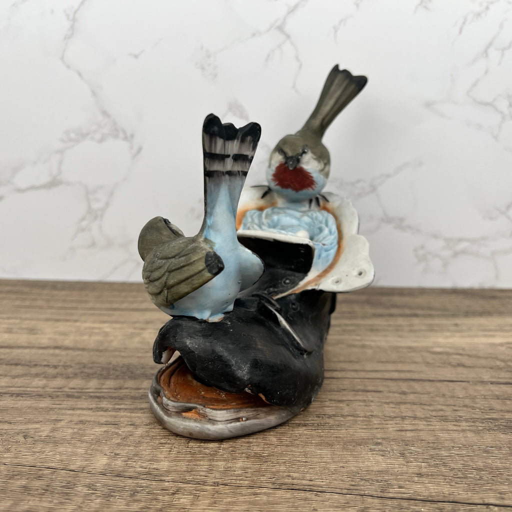 Vintage Porcelain Price Products Birds with Nest in Old Boot, Broken Beak