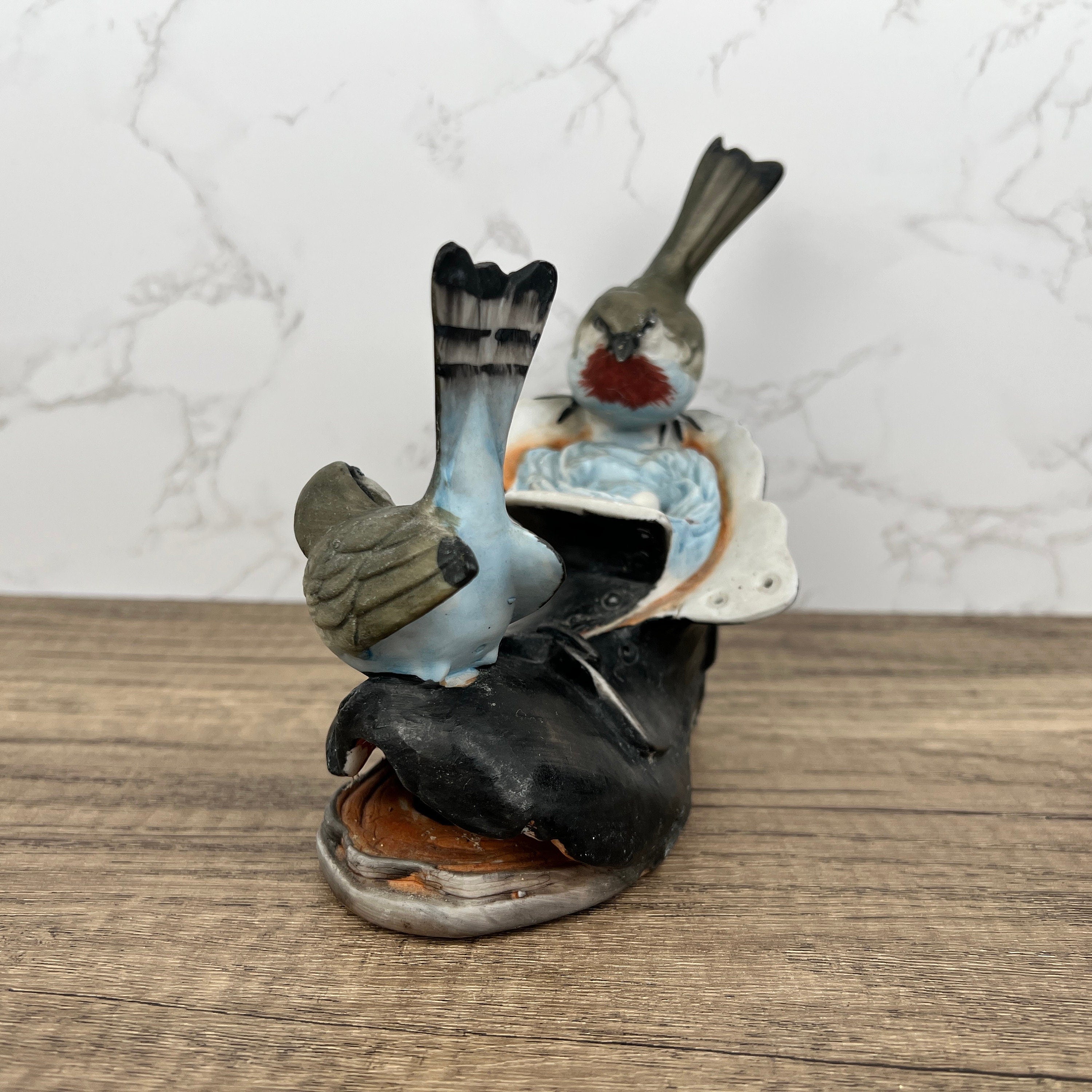 Vintage Porcelain Price Products Birds with Nest in Old Boot, Broken Beak