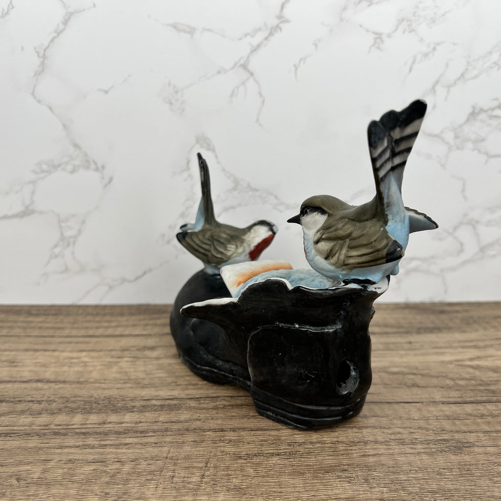 Vintage Porcelain Price Products Birds with Nest in Old Boot, Broken Beak