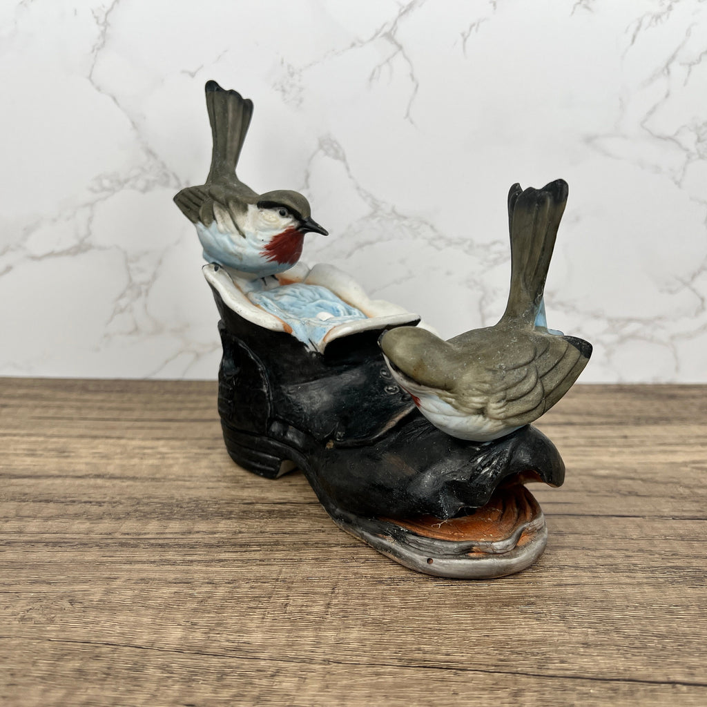 Vintage Porcelain Price Products Birds with Nest in Old Boot, Broken Beak