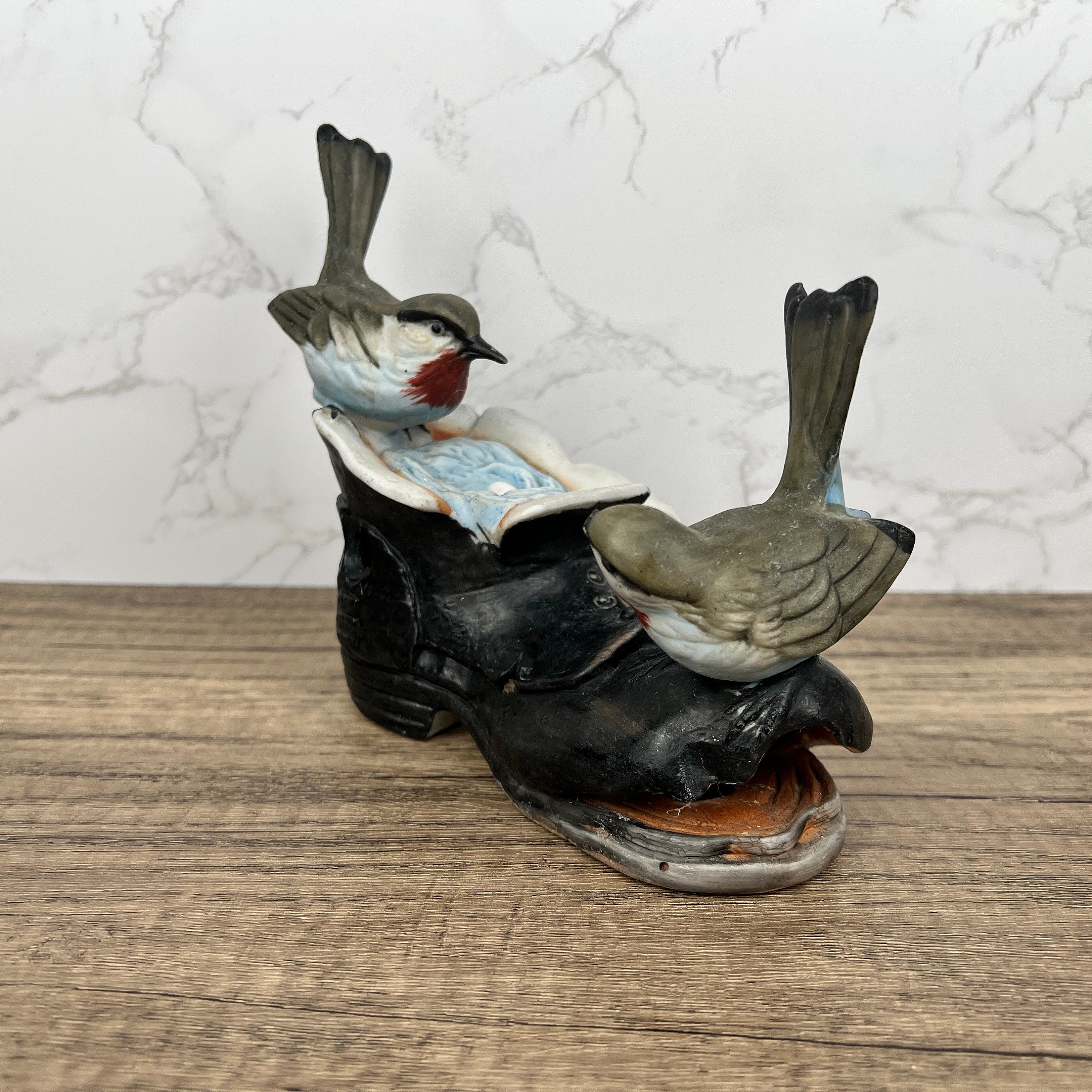 Vintage Porcelain Price Products Birds with Nest in Old Boot, Broken Beak