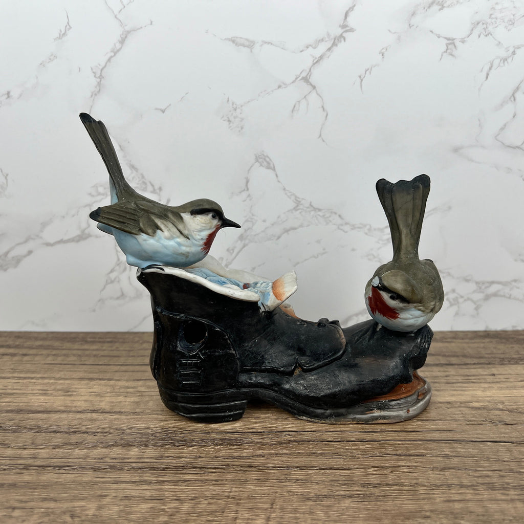 Vintage Porcelain Price Products Birds with Nest in Old Boot, Broken Beak