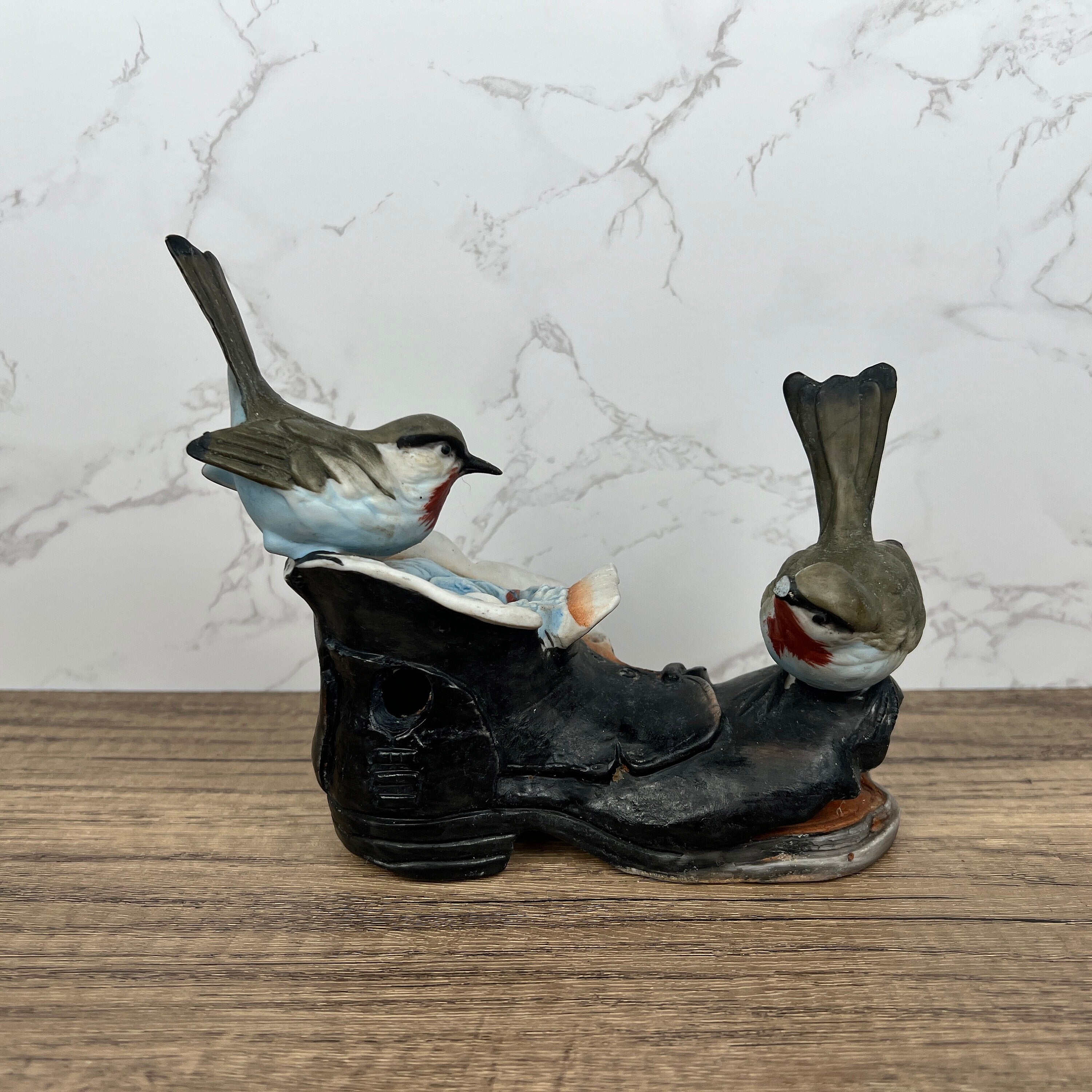 Vintage Porcelain Price Products Birds with Nest in Old Boot, Broken Beak