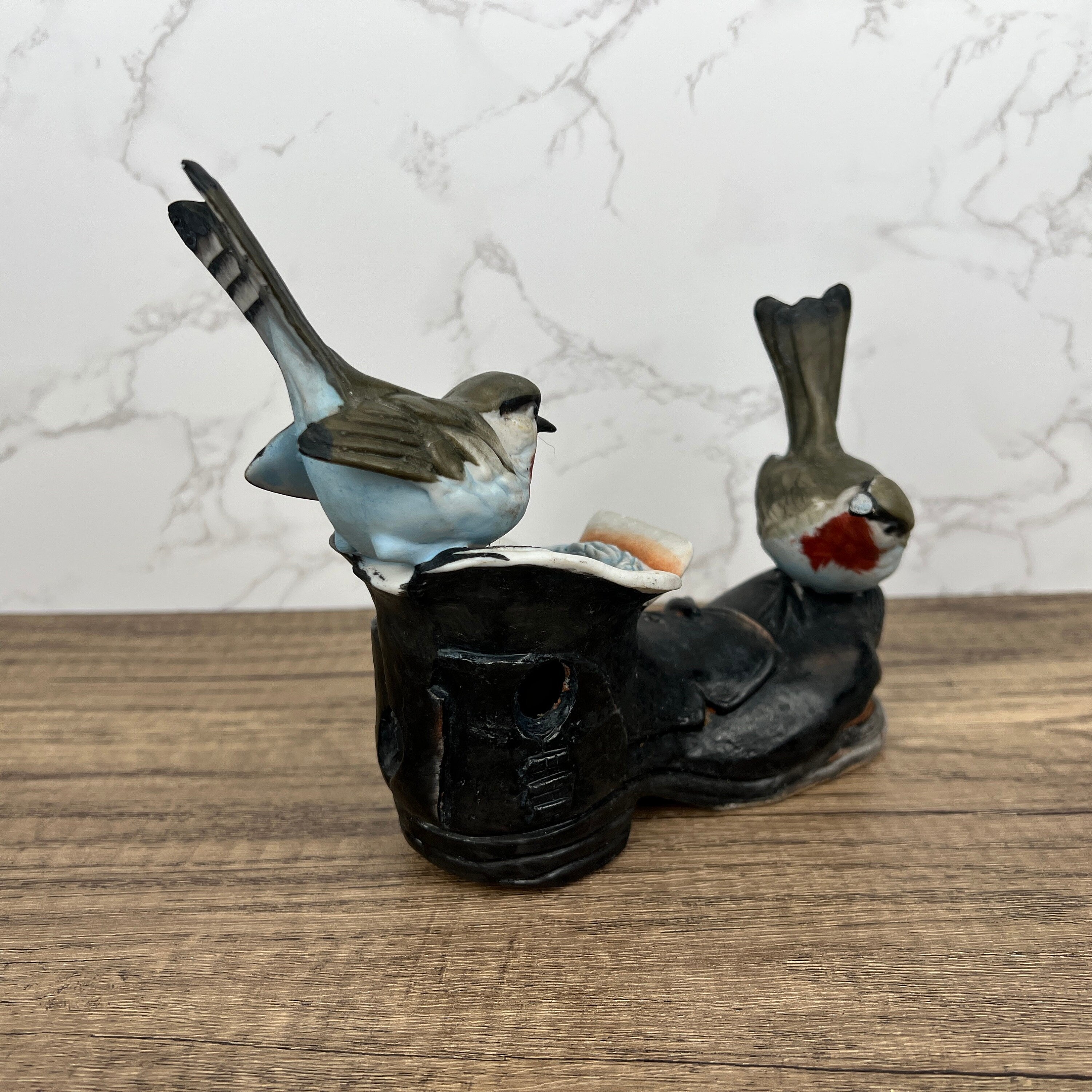 Vintage Porcelain Price Products Birds with Nest in Old Boot, Broken Beak