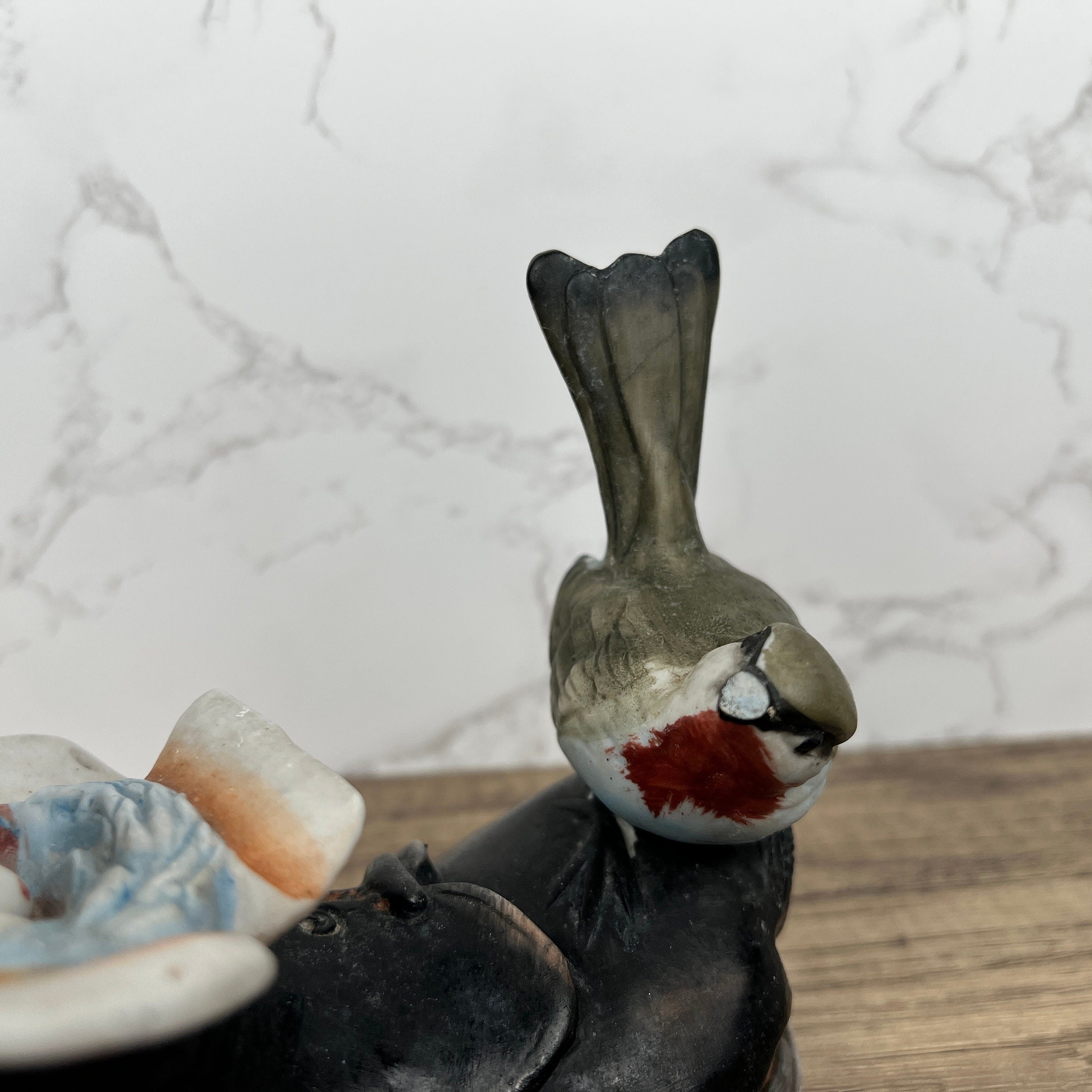 Vintage Porcelain Price Products Birds with Nest in Old Boot, Broken Beak