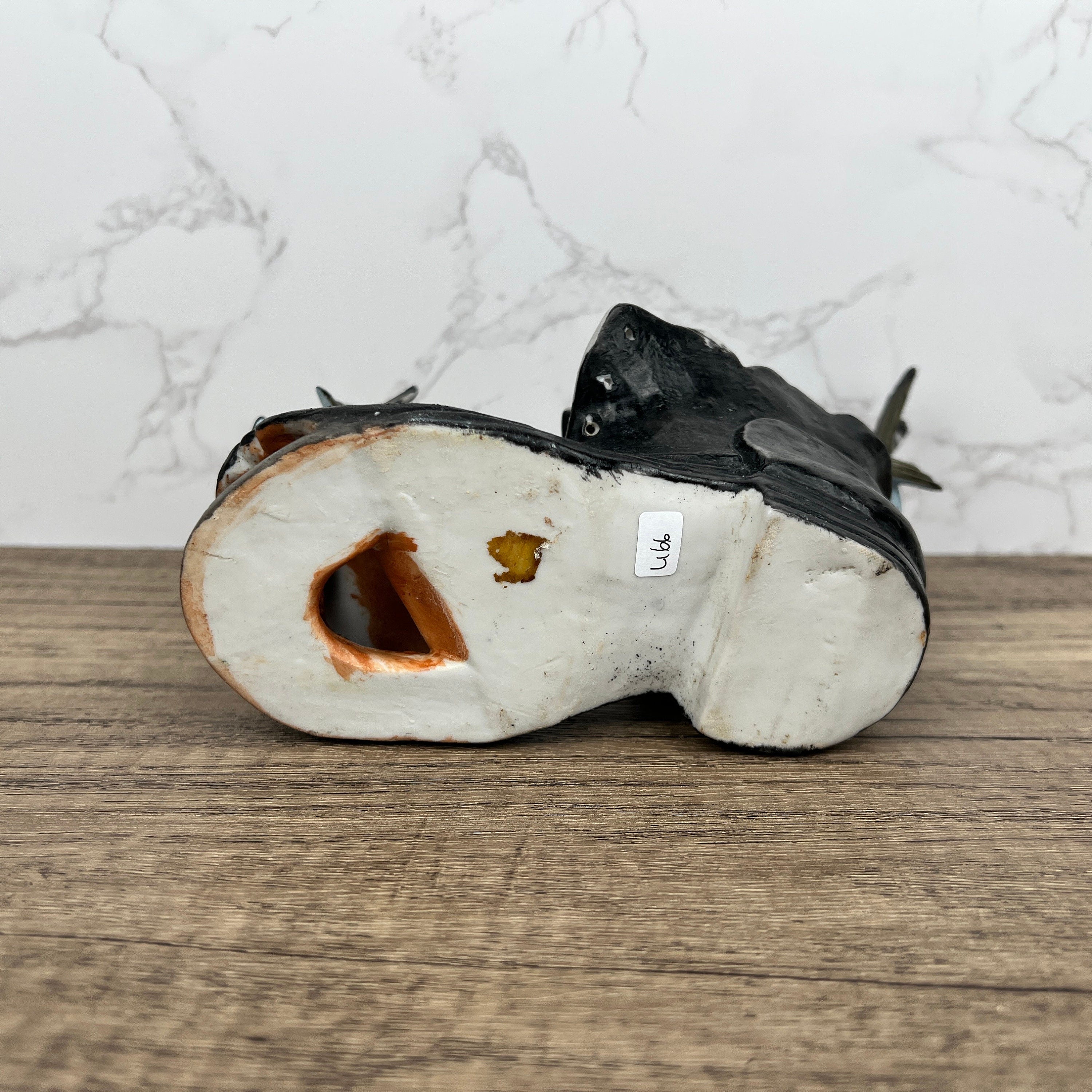 Vintage Porcelain Price Products Birds with Nest in Old Boot, Broken Beak