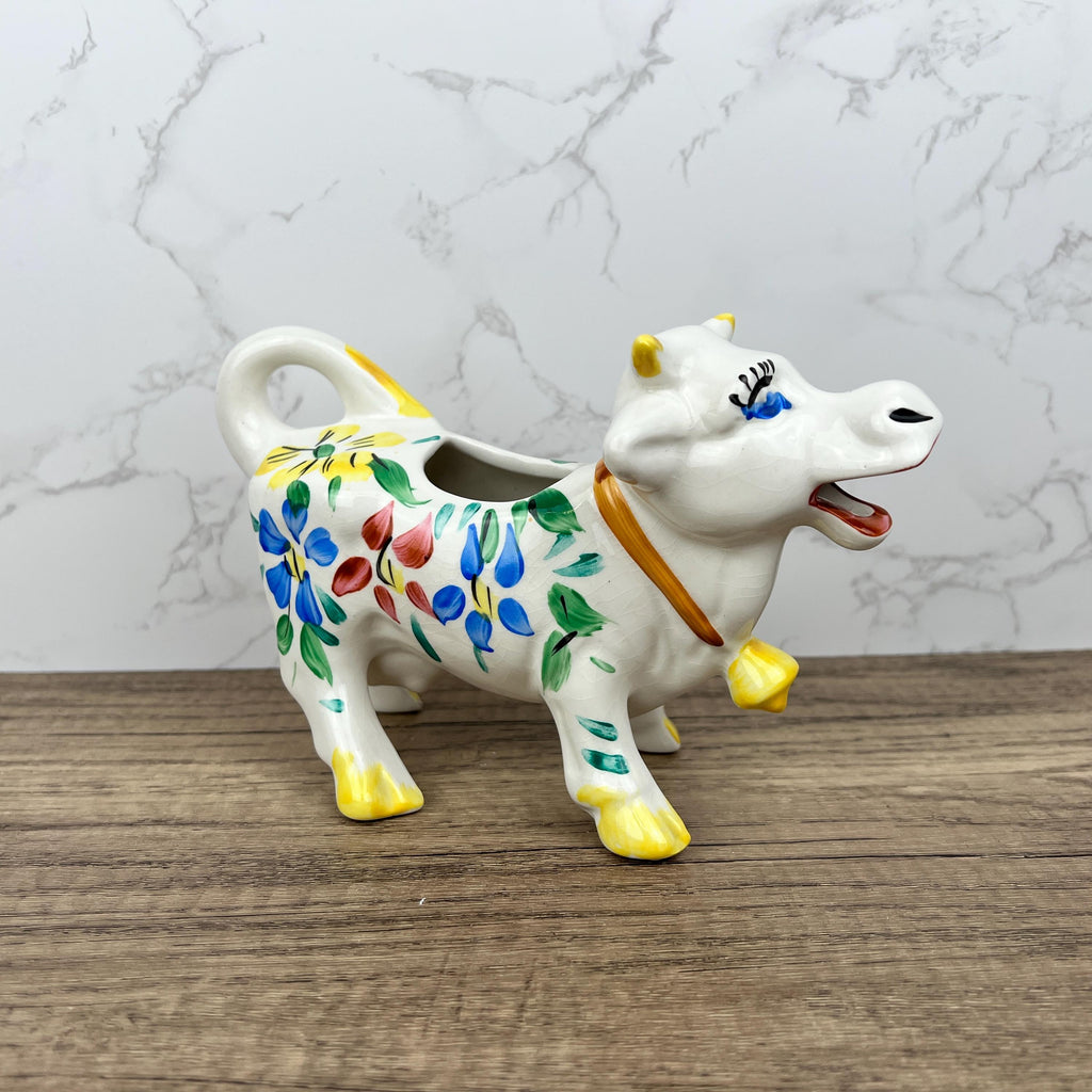 Vintage Arthur Woods Ceramic Cow Creamer, Hand Painted Floral Kitchen Decor