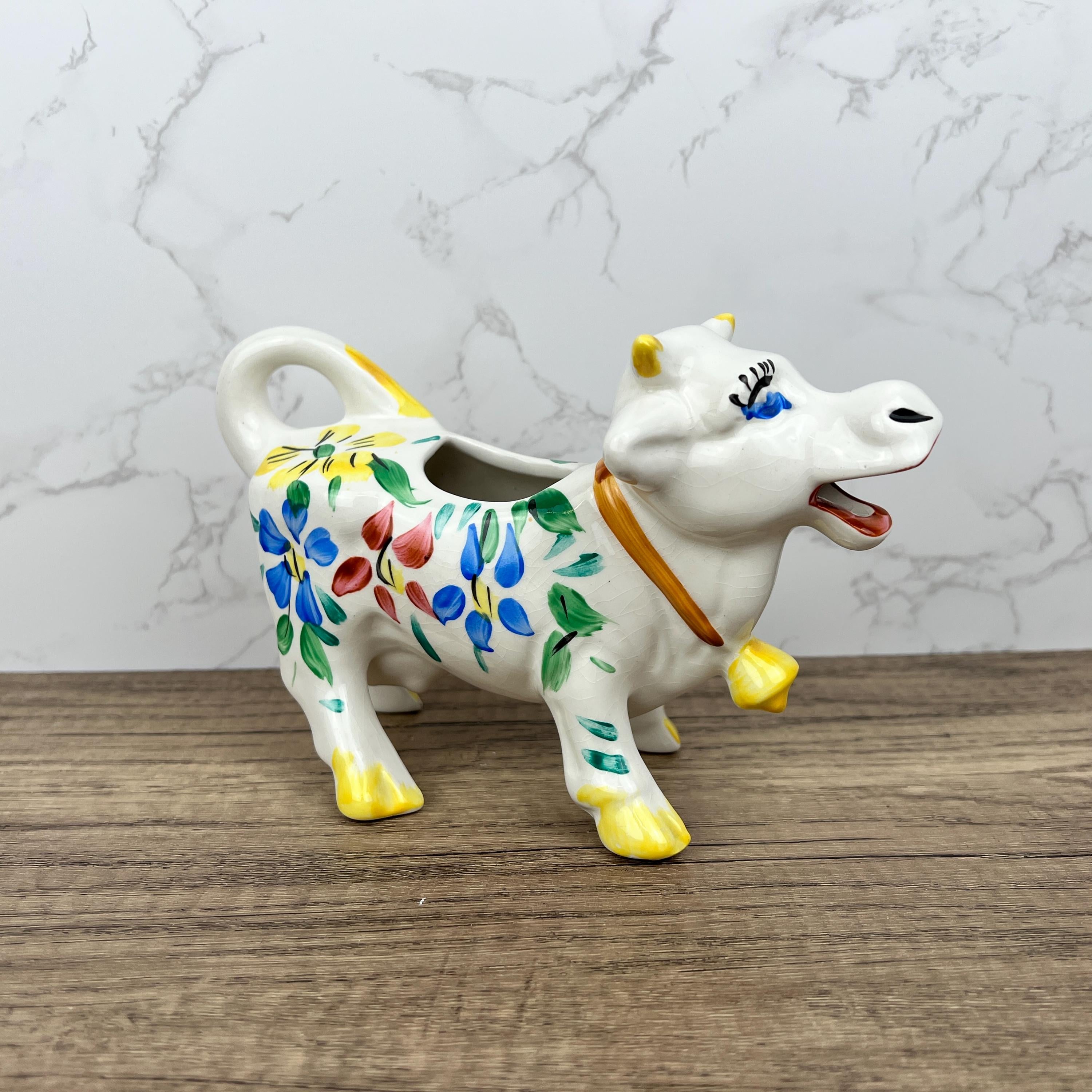 Vintage Arthur Woods Ceramic Cow Creamer, Hand Painted Floral Kitchen Decor