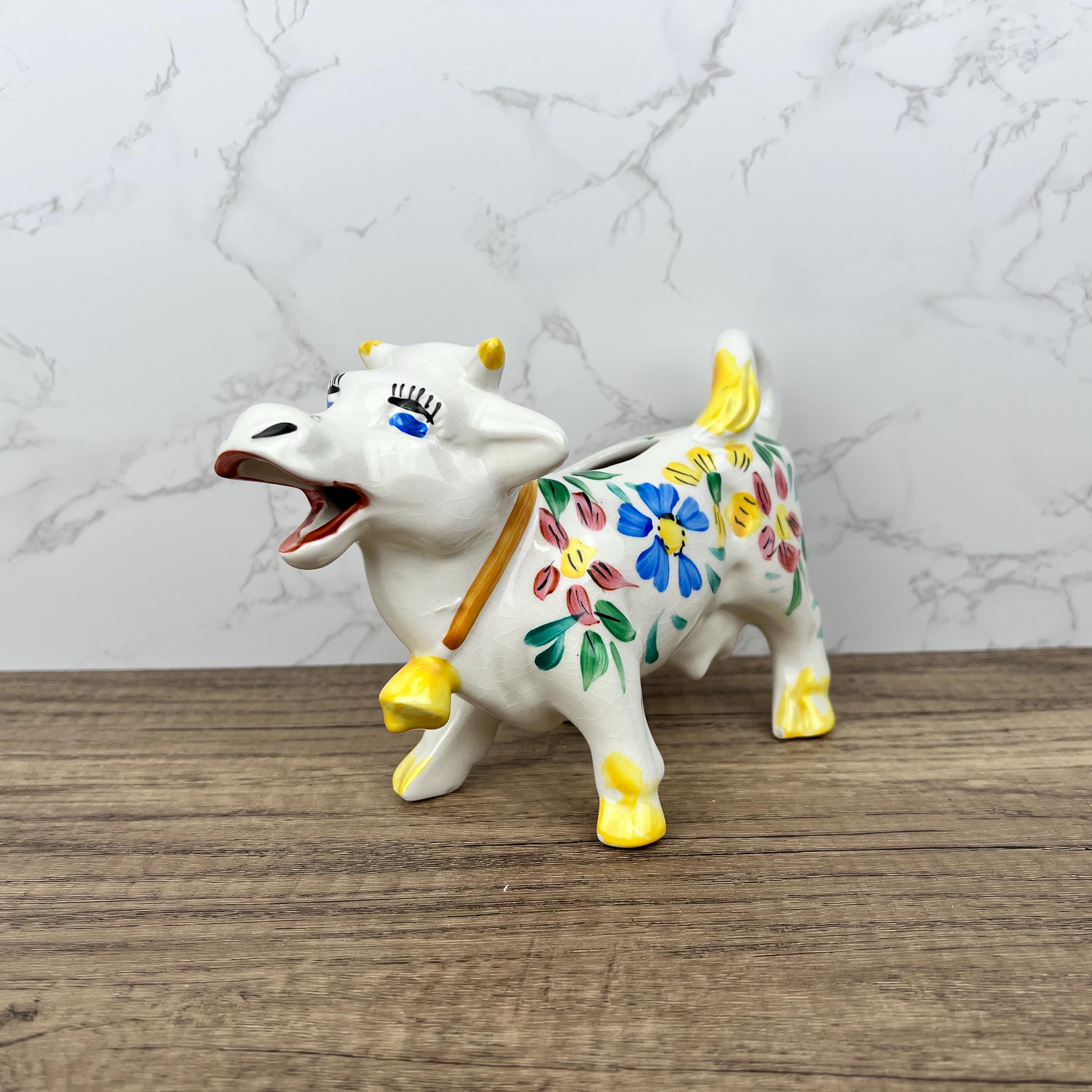 Vintage Arthur Woods Ceramic Cow Creamer, Hand Painted Floral Kitchen Decor