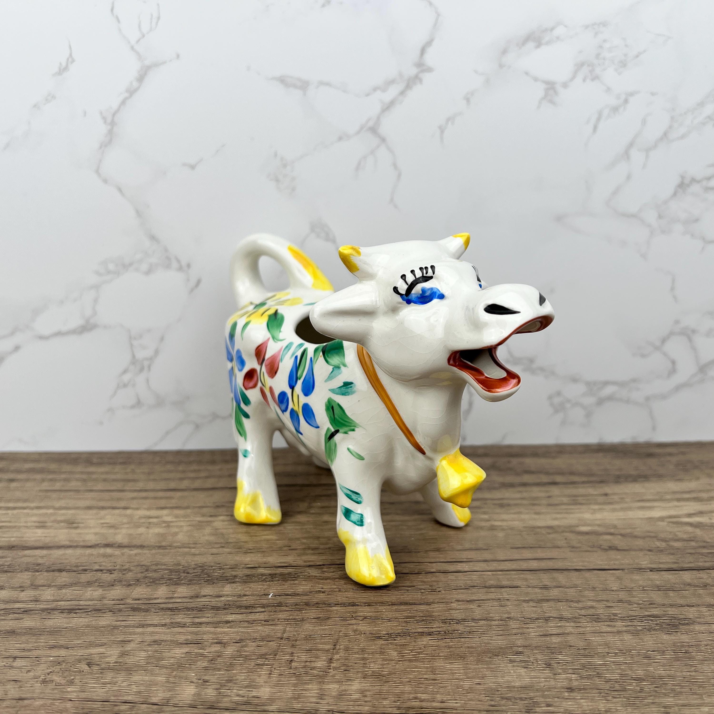 Vintage Arthur Woods Ceramic Cow Creamer, Hand Painted Floral Kitchen Decor