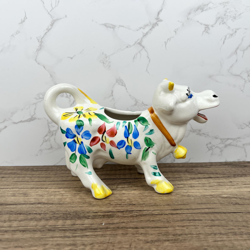 Vintage Arthur Woods Ceramic Cow Creamer, Hand Painted Floral Kitchen Decor