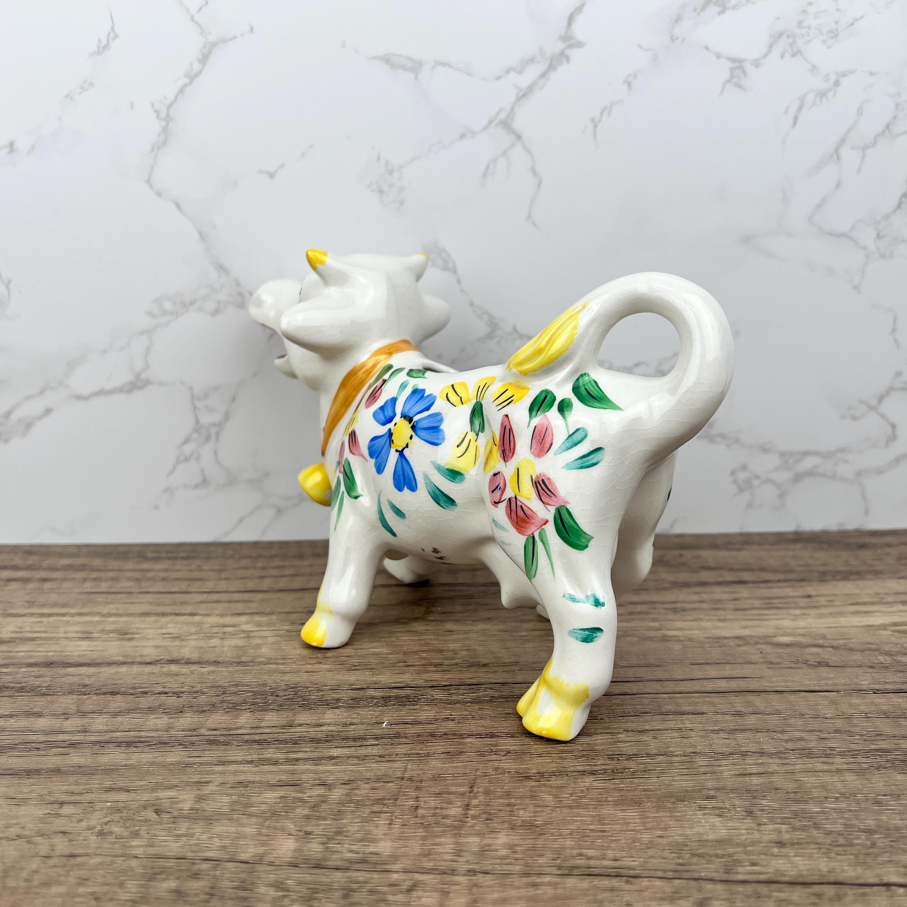 Vintage Arthur Woods Ceramic Cow Creamer, Hand Painted Floral Kitchen Decor