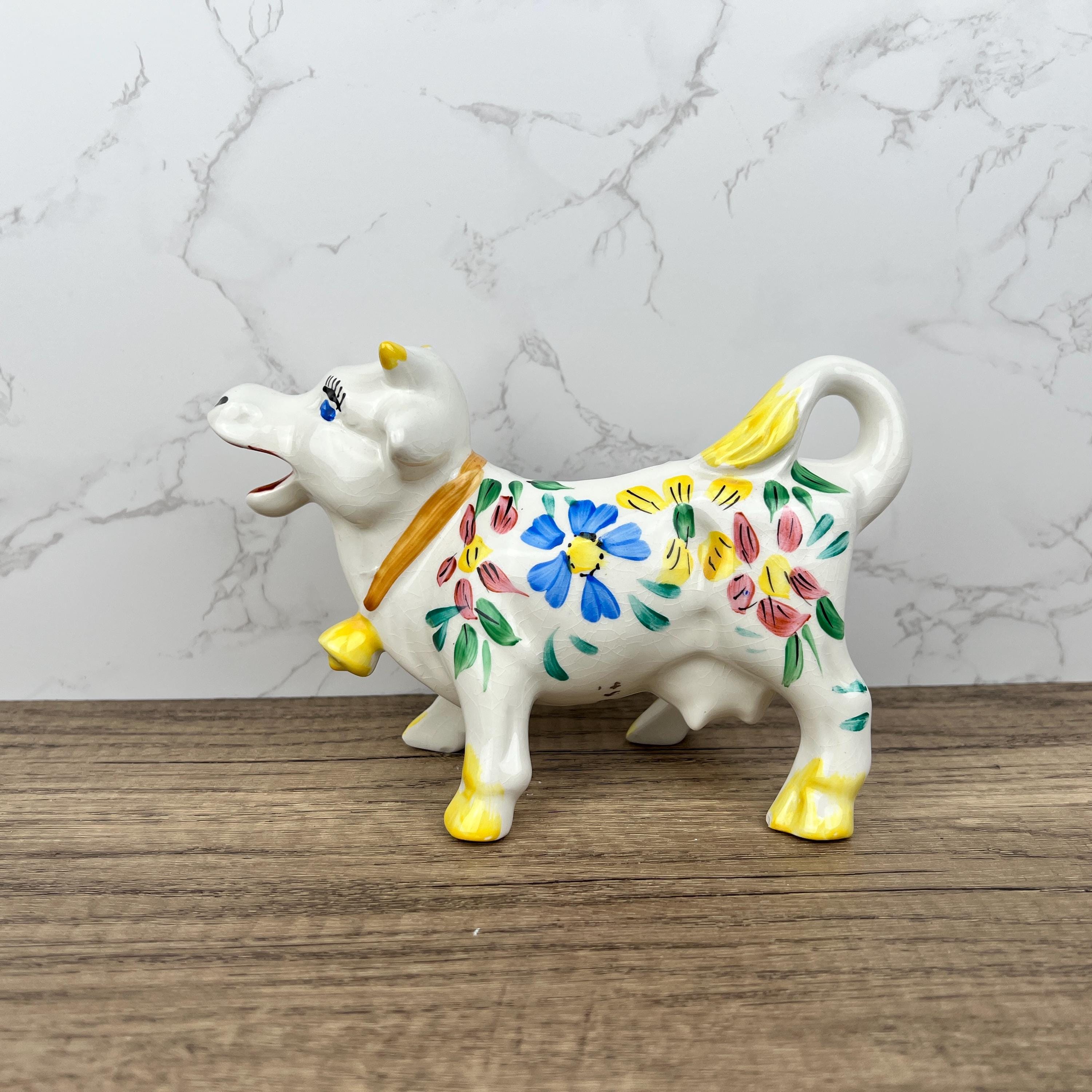 Vintage Arthur Woods Ceramic Cow Creamer, Hand Painted Floral Kitchen Decor