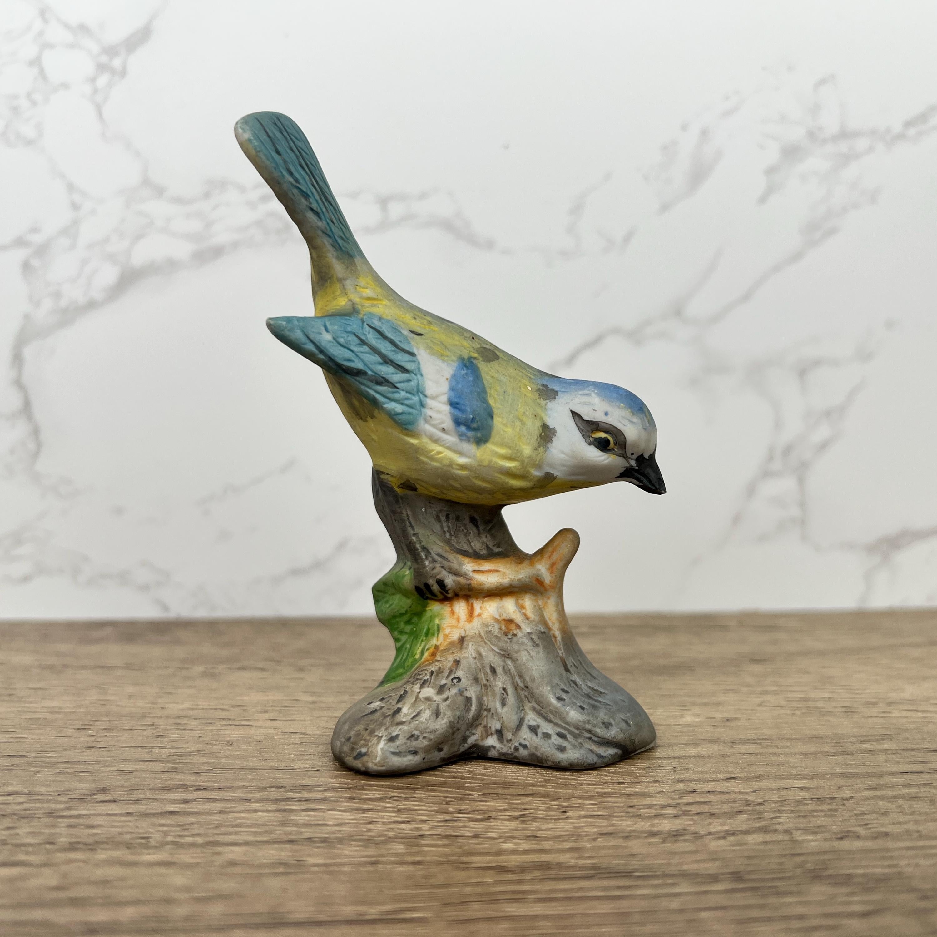Vintage Hand Painted Porcelain Blue Tit Bird Figurine, Cottage Decor