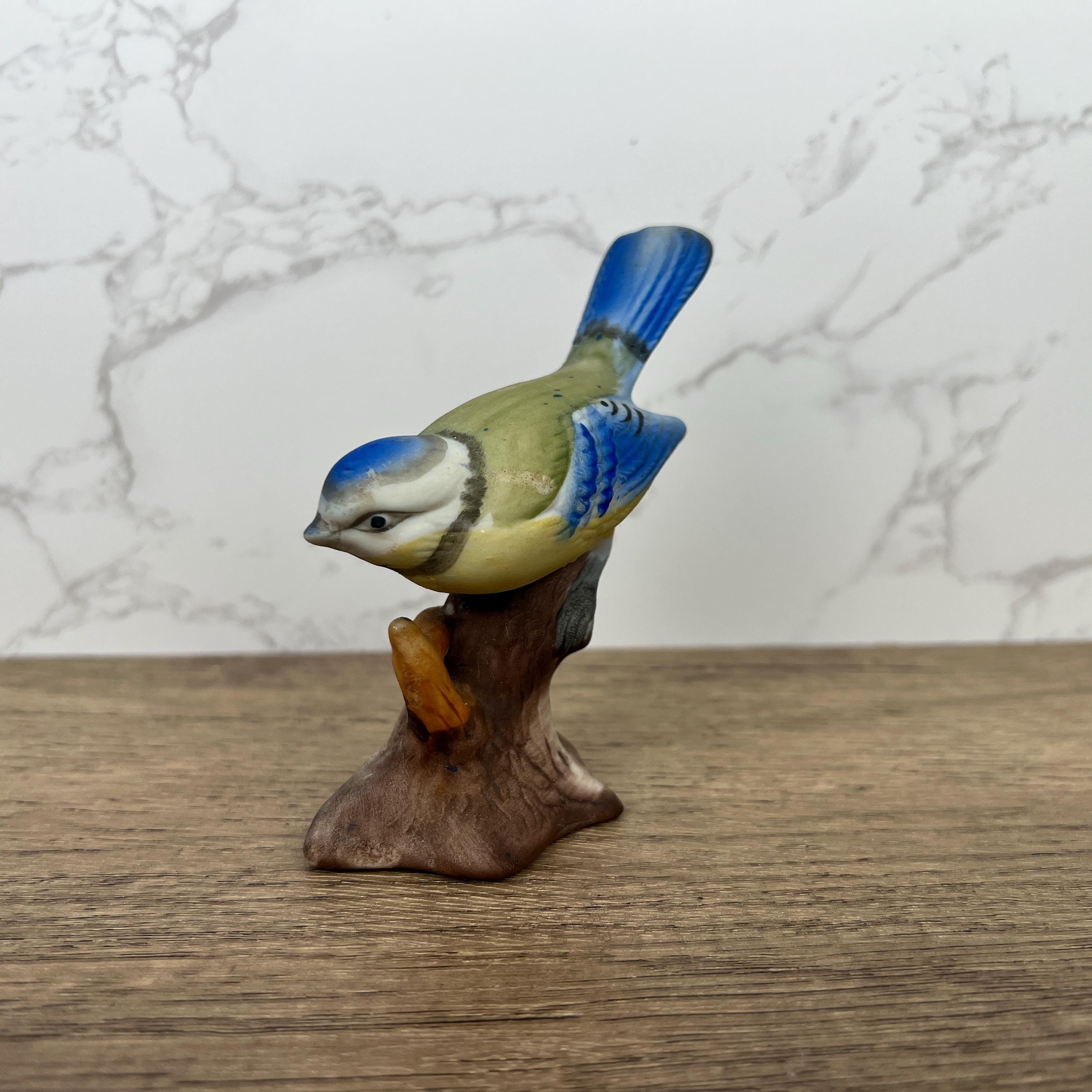 Vintage Hand Painted Porcelain Blue Tit Bird Figurine, Country Cottage Decor