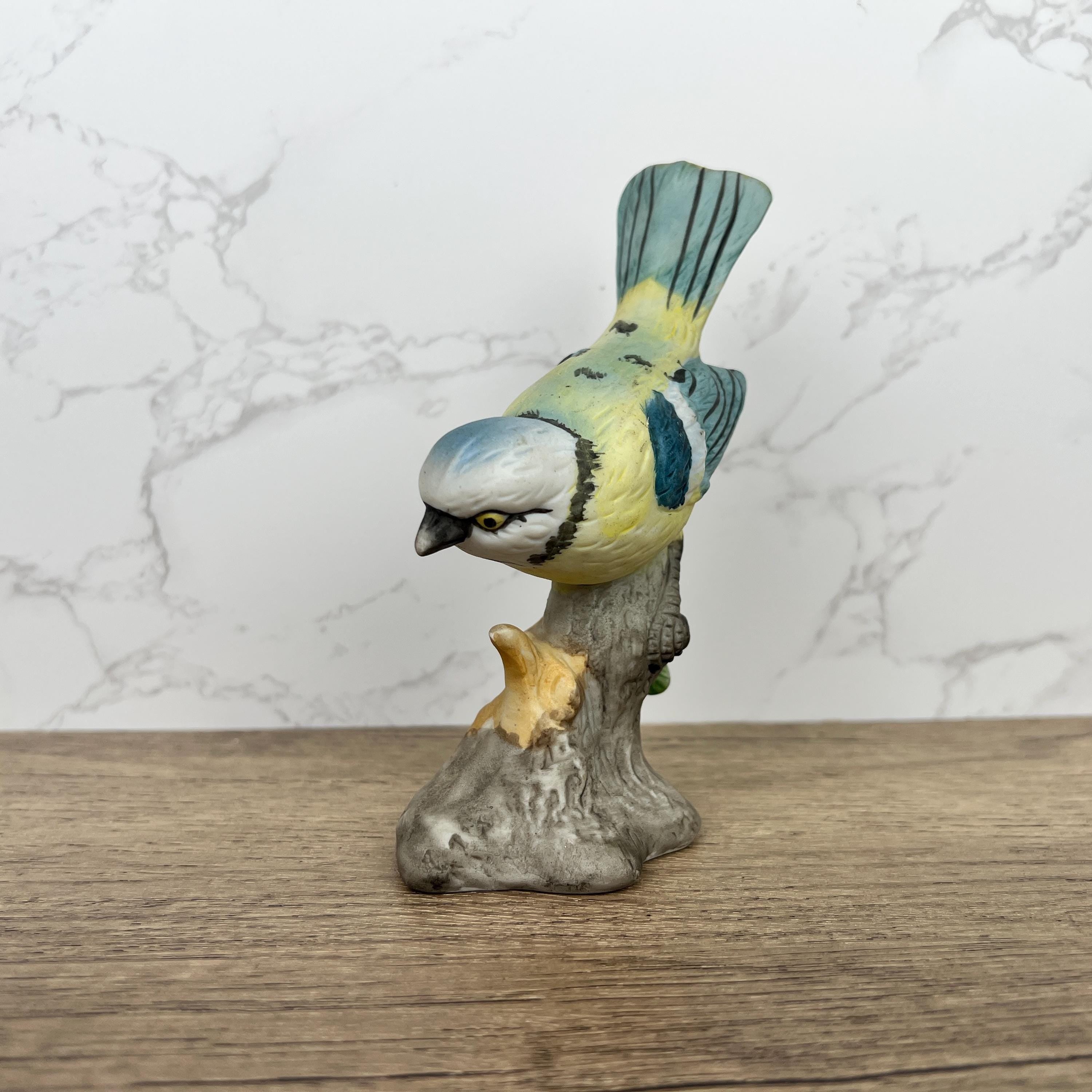 Vintage Hand Painted Porcelain Blue Tit Bird Figurine, Cottage Decoration