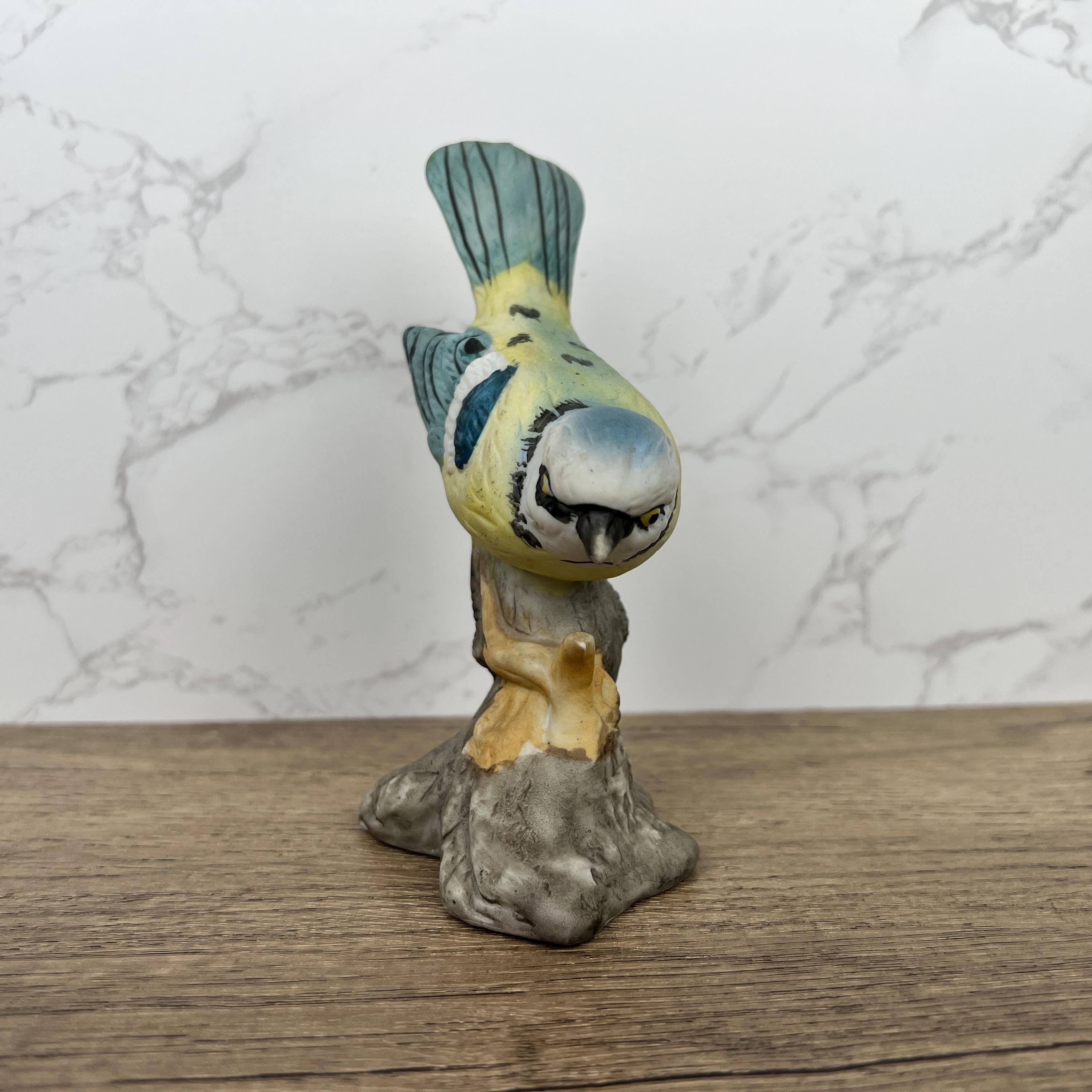 Vintage Hand Painted Porcelain Blue Tit Bird Figurine, Cottage Decoration