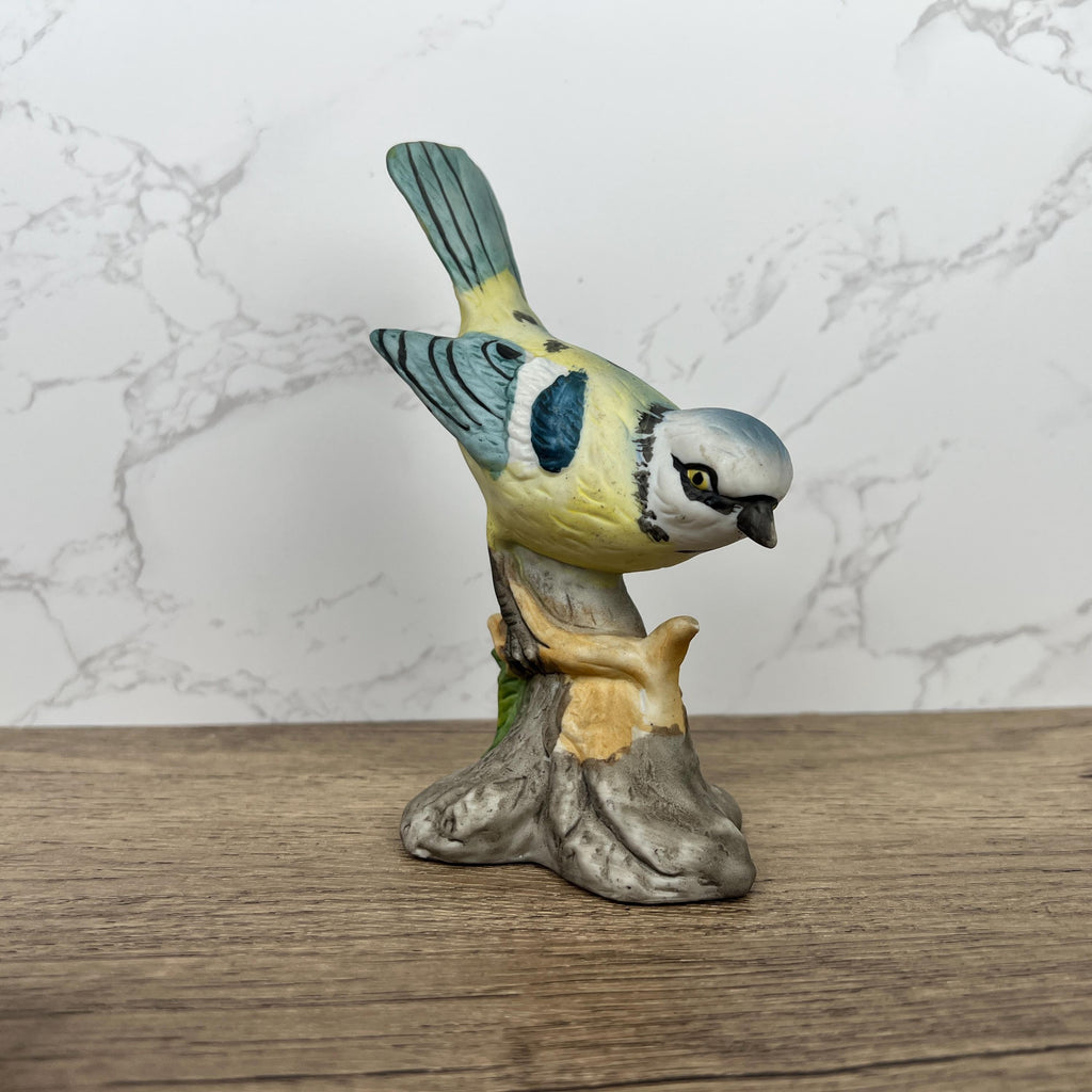 Vintage Hand Painted Porcelain Blue Tit Bird Figurine, Cottage Decoration