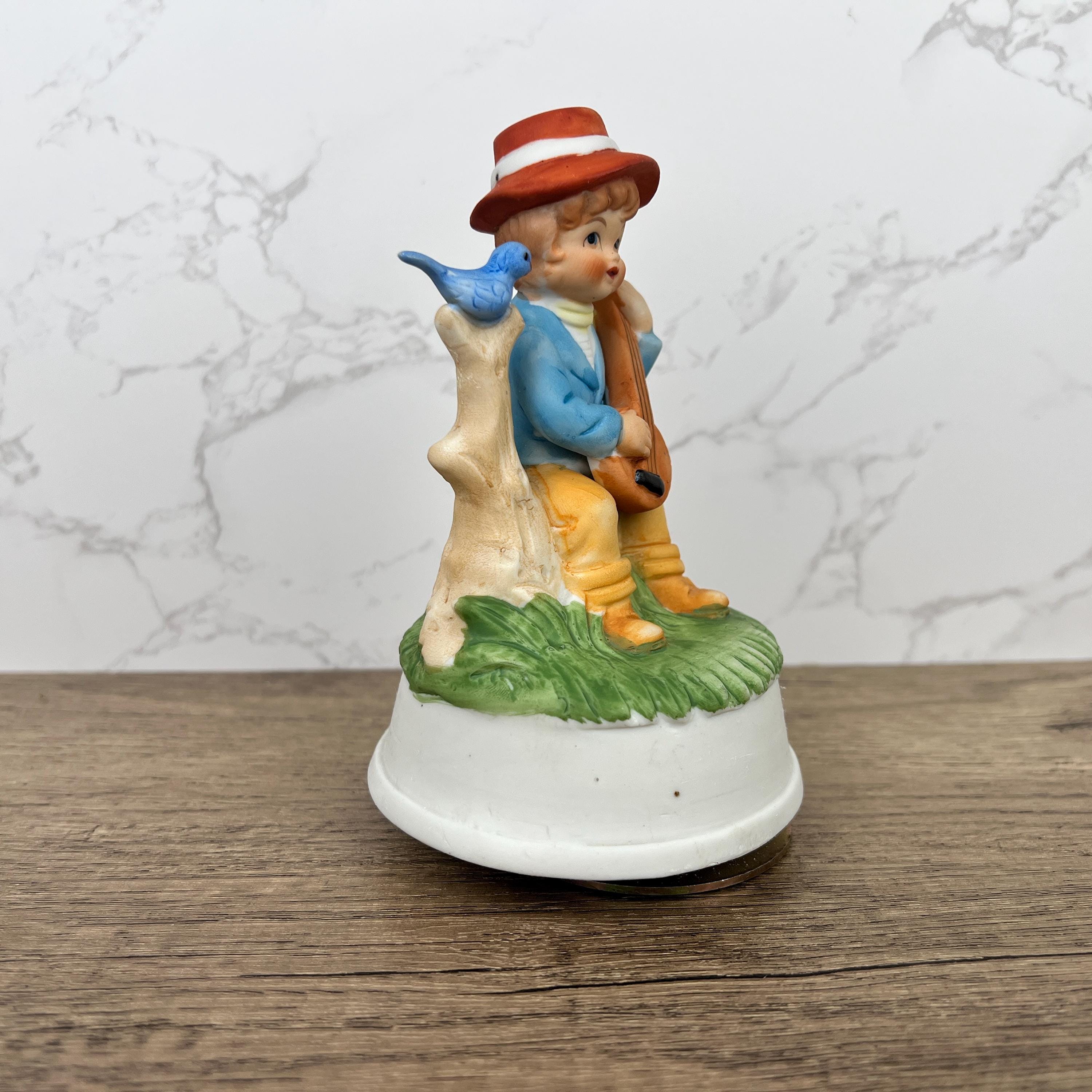 Vintage Hummel Style Porcelain Music Box Figurine, Boy with Banjo