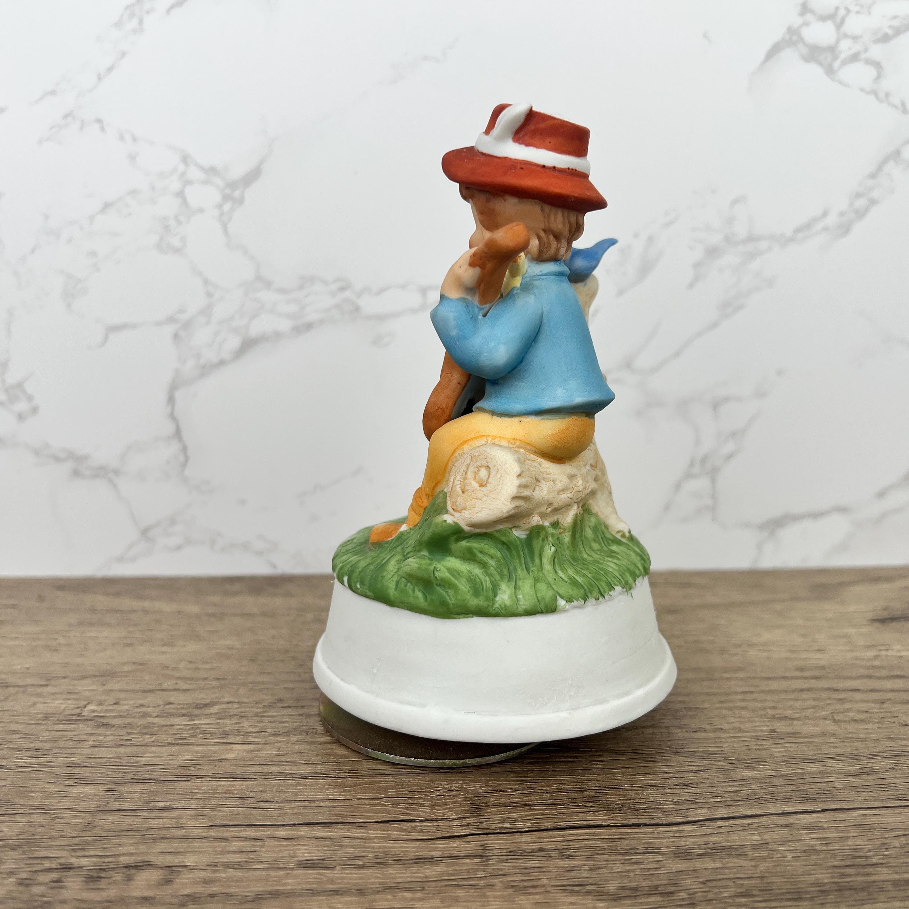 Vintage Hummel Style Porcelain Music Box Figurine, Boy with Banjo