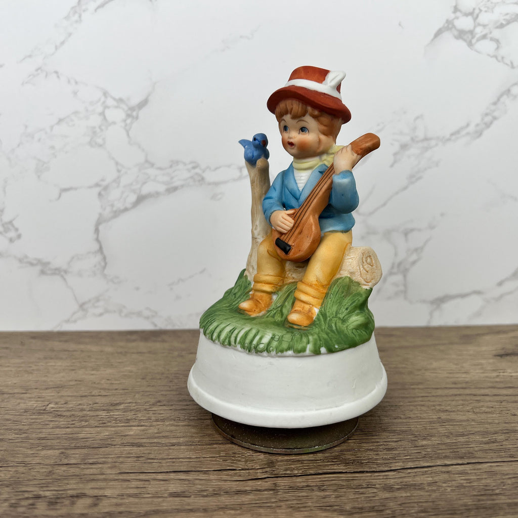 Vintage Hummel Style Porcelain Music Box Figurine, Boy with Banjo