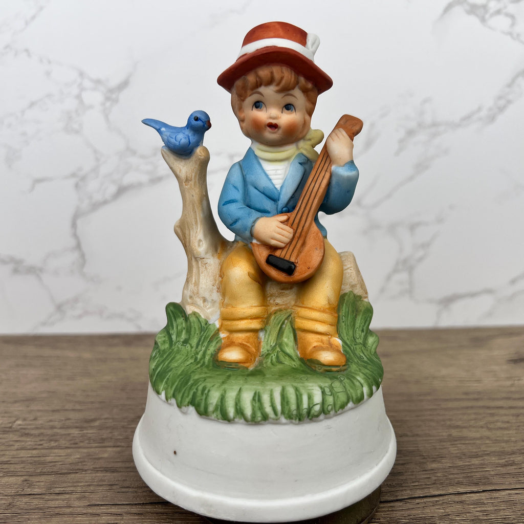 Vintage Hummel Style Porcelain Music Box Figurine, Boy with Banjo
