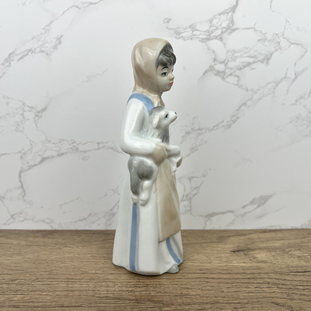 Handmade Sango Porcelain Girl with Lamb Figurine, Vintage Lladro Style Decor