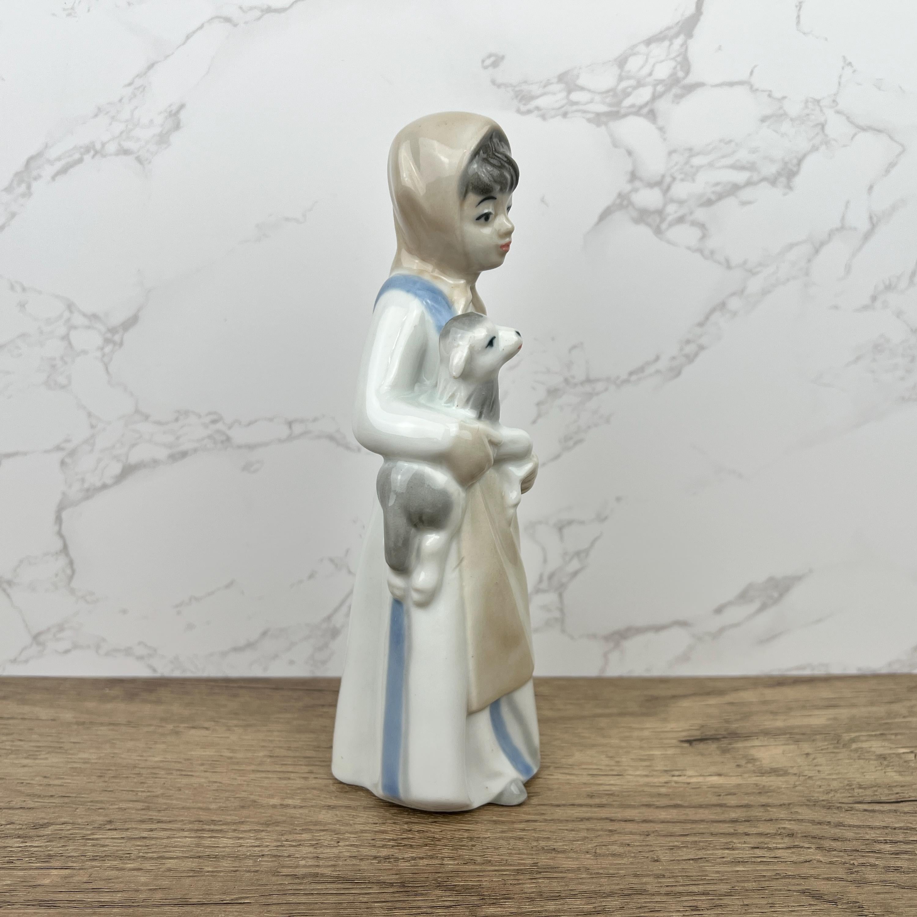 Handmade Sango Porcelain Girl with Lamb Figurine, Vintage Lladro Style Decor