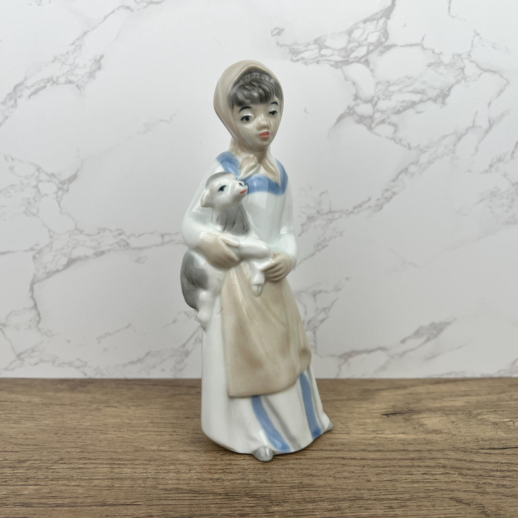 Handmade Sango Porcelain Girl with Lamb Figurine, Vintage Lladro Style Decor