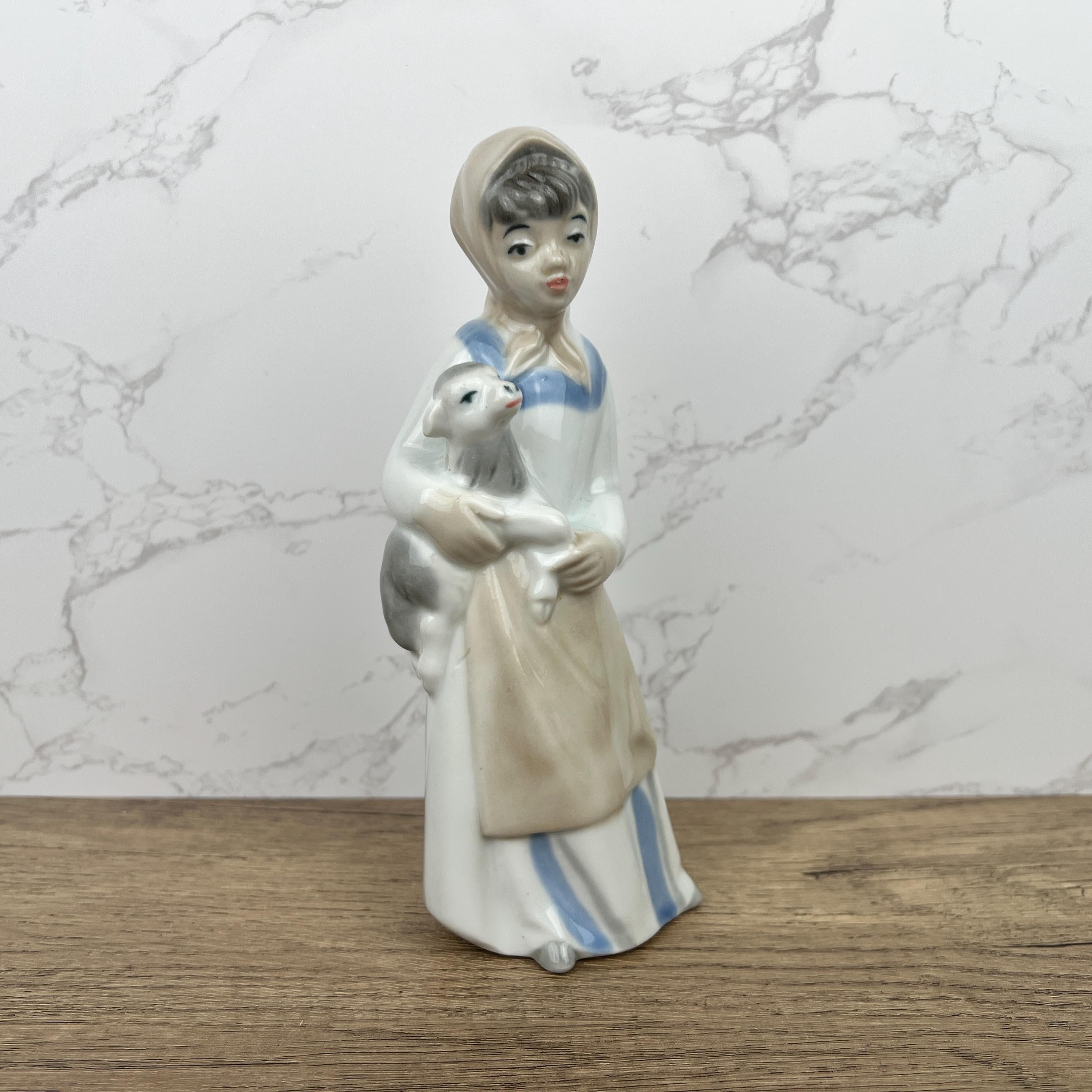 Handmade Sango Porcelain Girl with Lamb Figurine, Vintage Lladro Style Decor