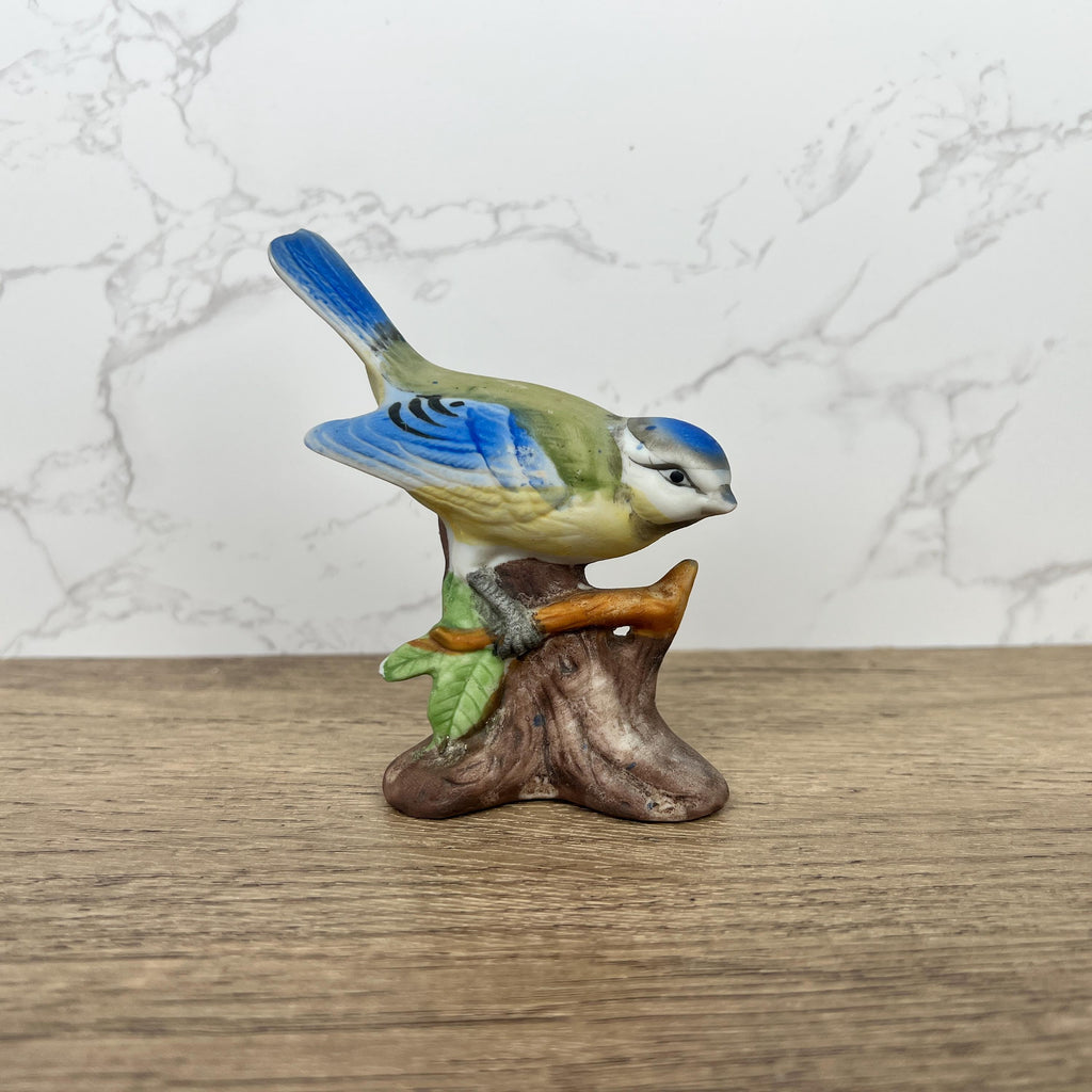 Vintage Hand Painted Porcelain Blue Tit Bird Figurine, Country Cottage Decor