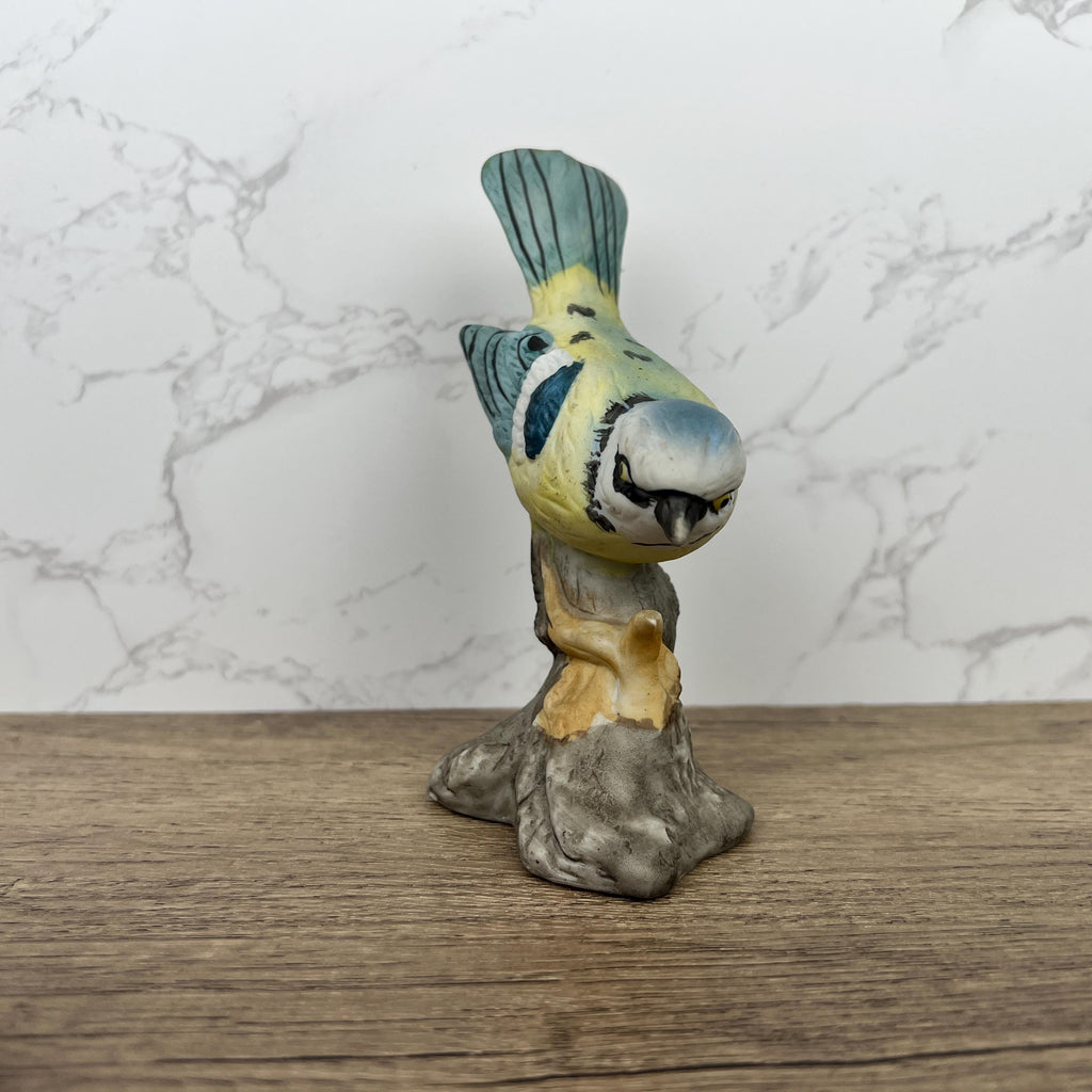 Vintage Hand Painted Porcelain Blue Tit Bird Figurine, Cottage Decoration
