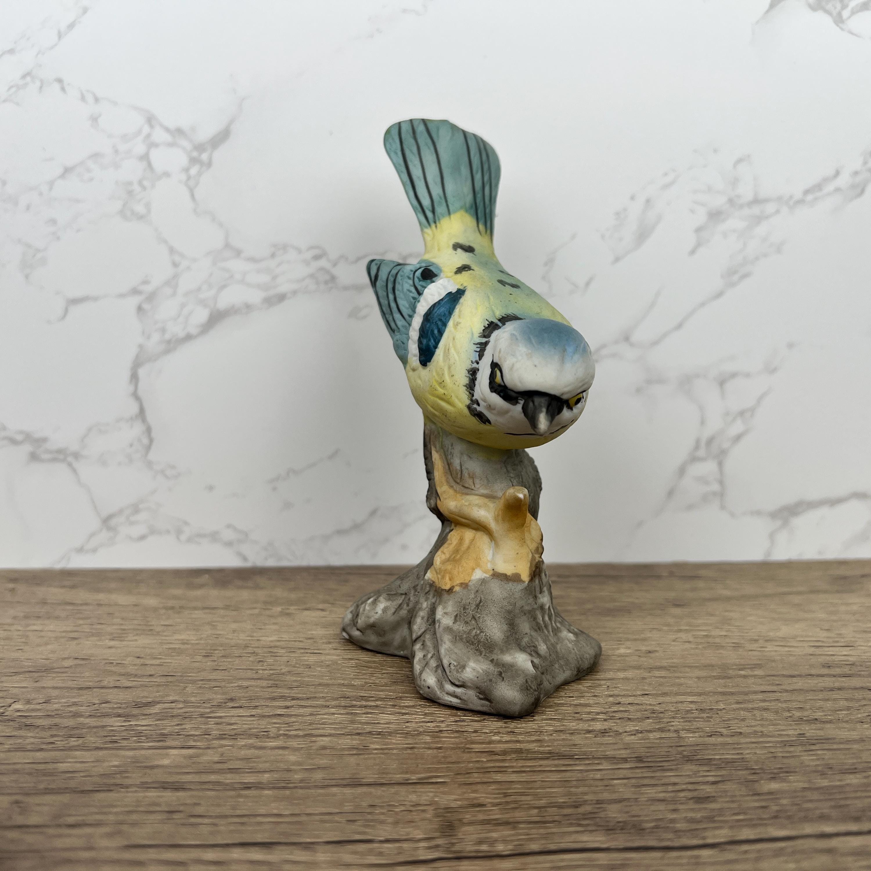 Vintage Hand Painted Porcelain Blue Tit Bird Figurine, Cottage Decoration