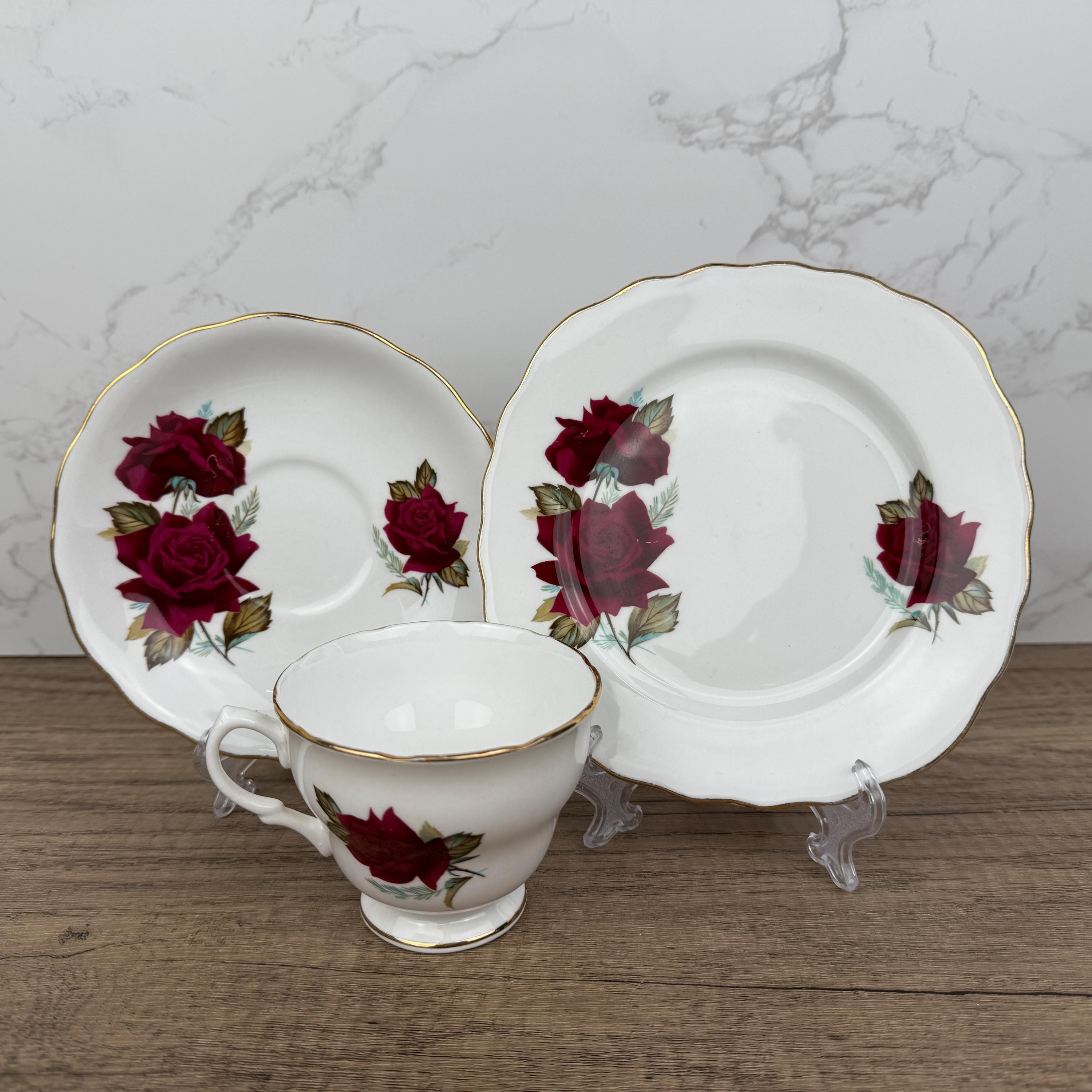 Royal Vale Bone China Tea Cup Trio, Red Rose, Made in England