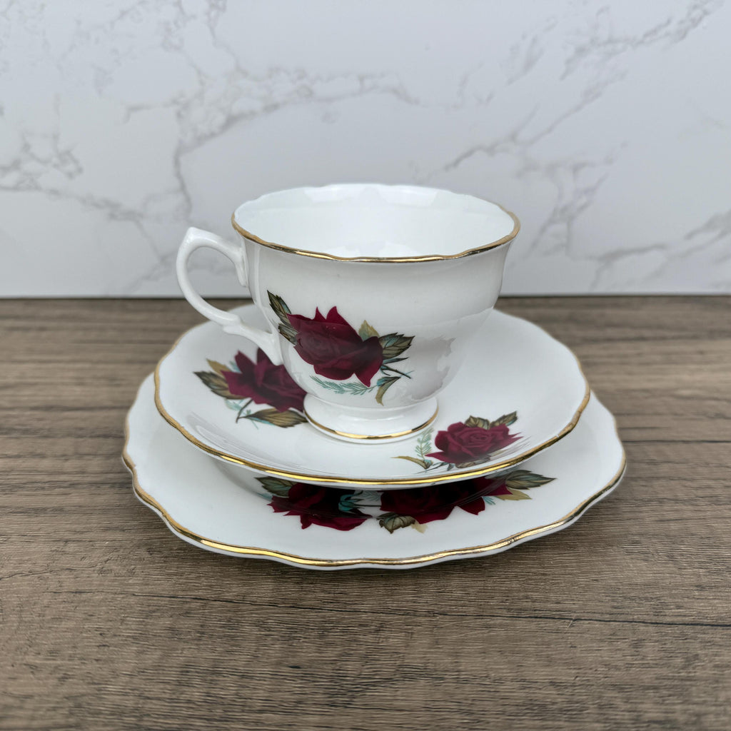 Royal Vale Bone China Tea Cup Trio, Red Rose, Made in England