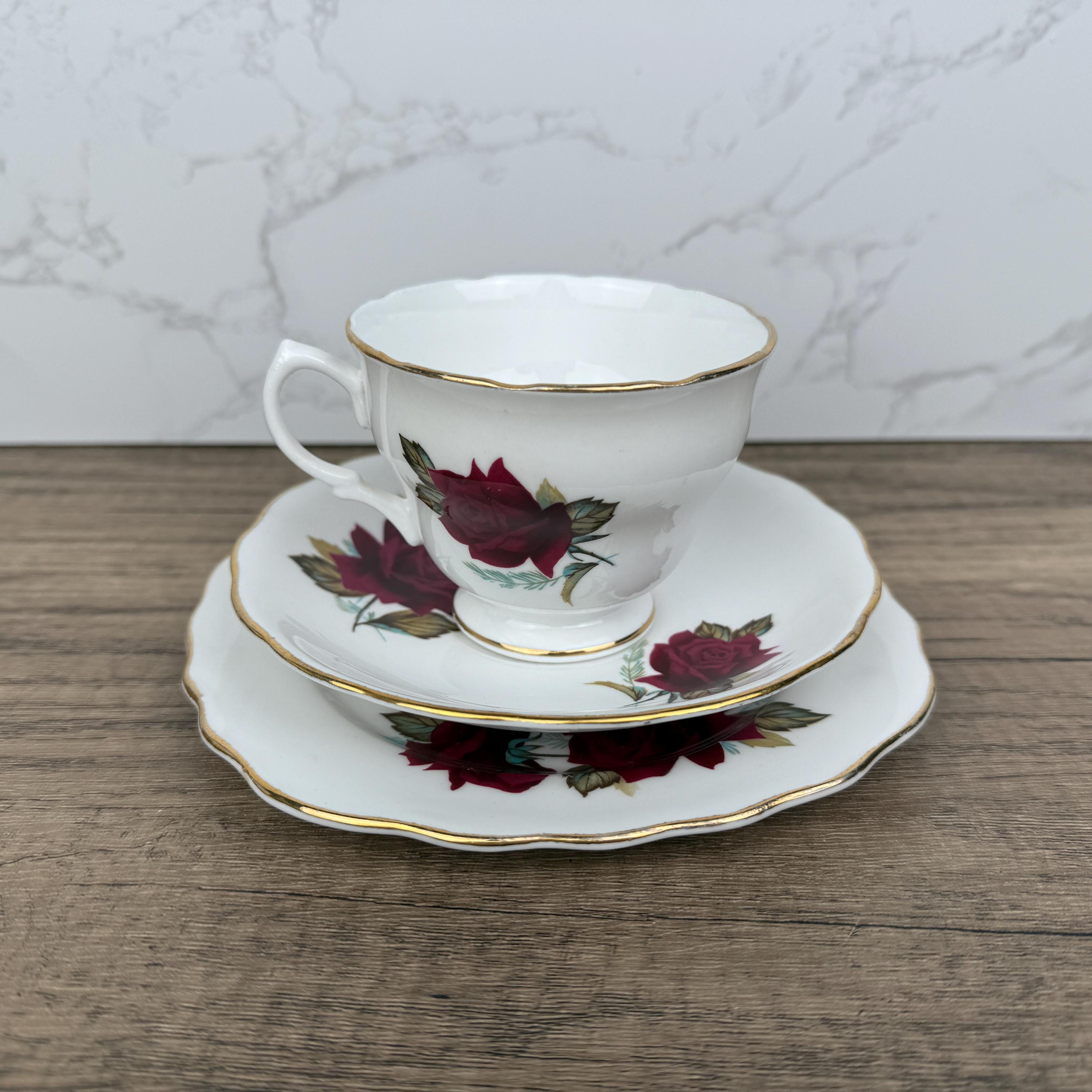 Royal Vale Bone China Tea Cup Trio, Red Rose, Made in England