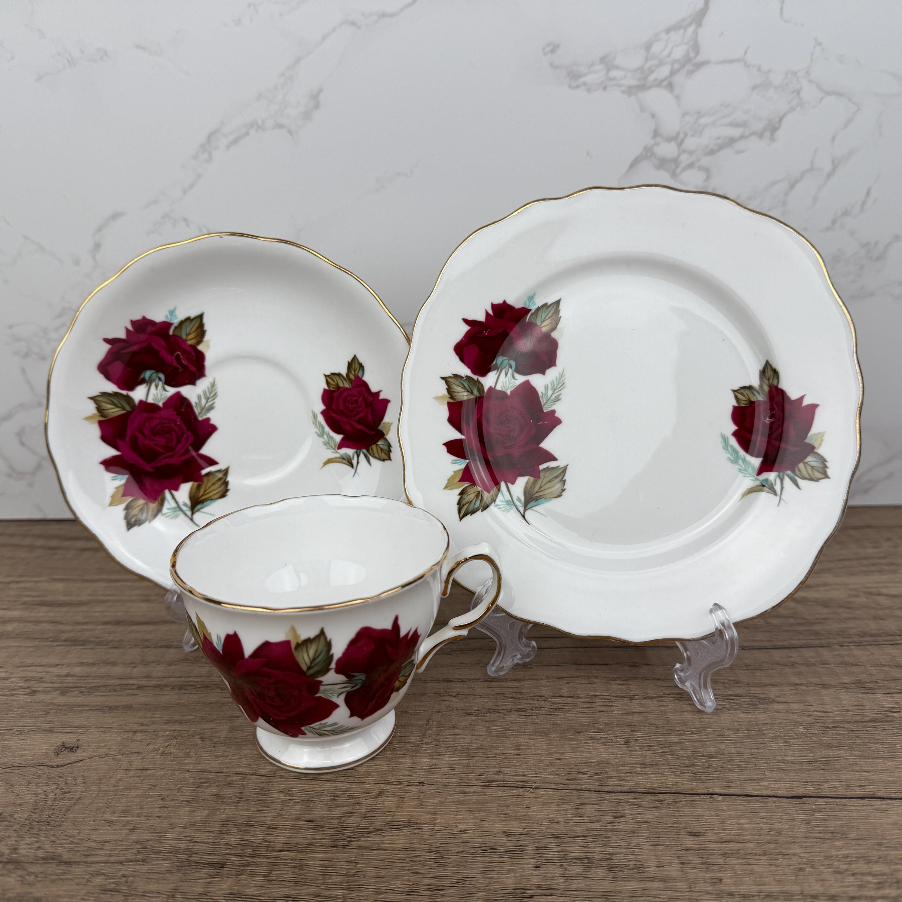 Royal Vale Bone China Tea Cup Trio, Red Rose, Made in England