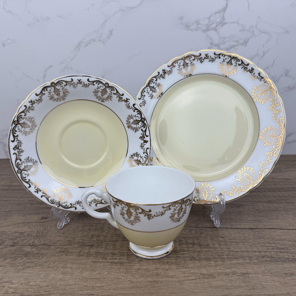 Vintage Cream & Gold Bone China Tea Cup Trio, Housewarming Gift