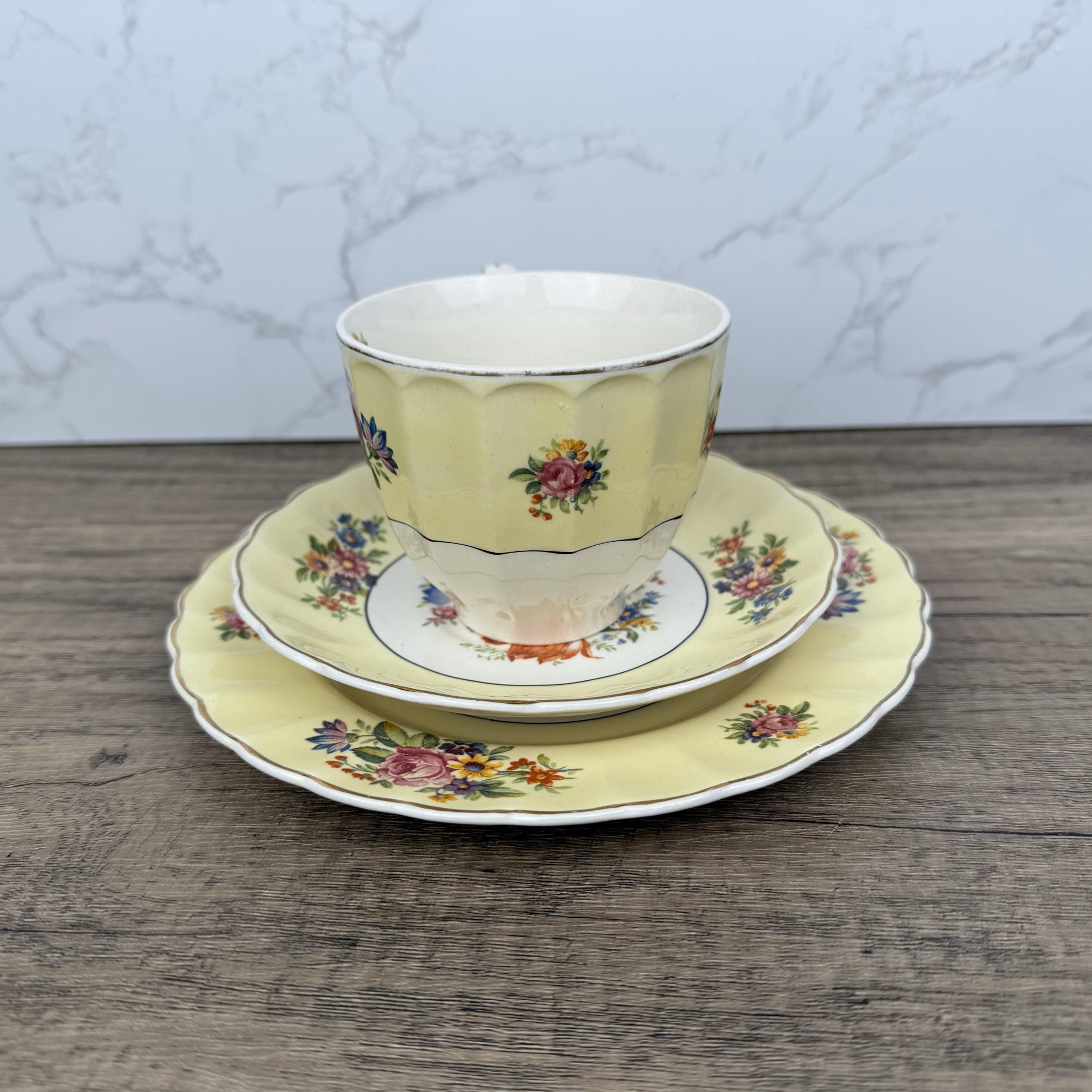 Vintage Edinburgh Castle Porcelain Tea Cup Trio, Floral Tea Set