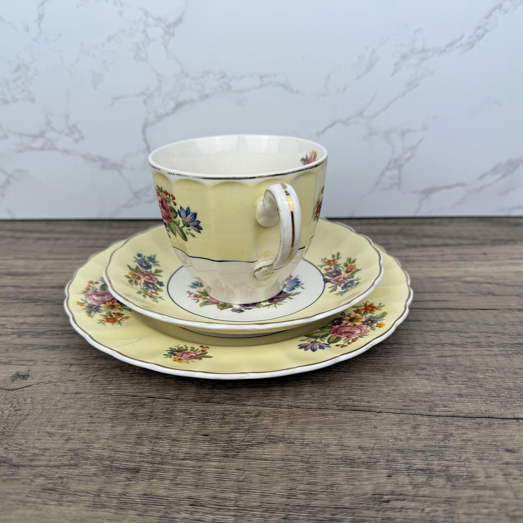 Vintage Edinburgh Castle Porcelain Tea Cup Trio, Floral Tea Set
