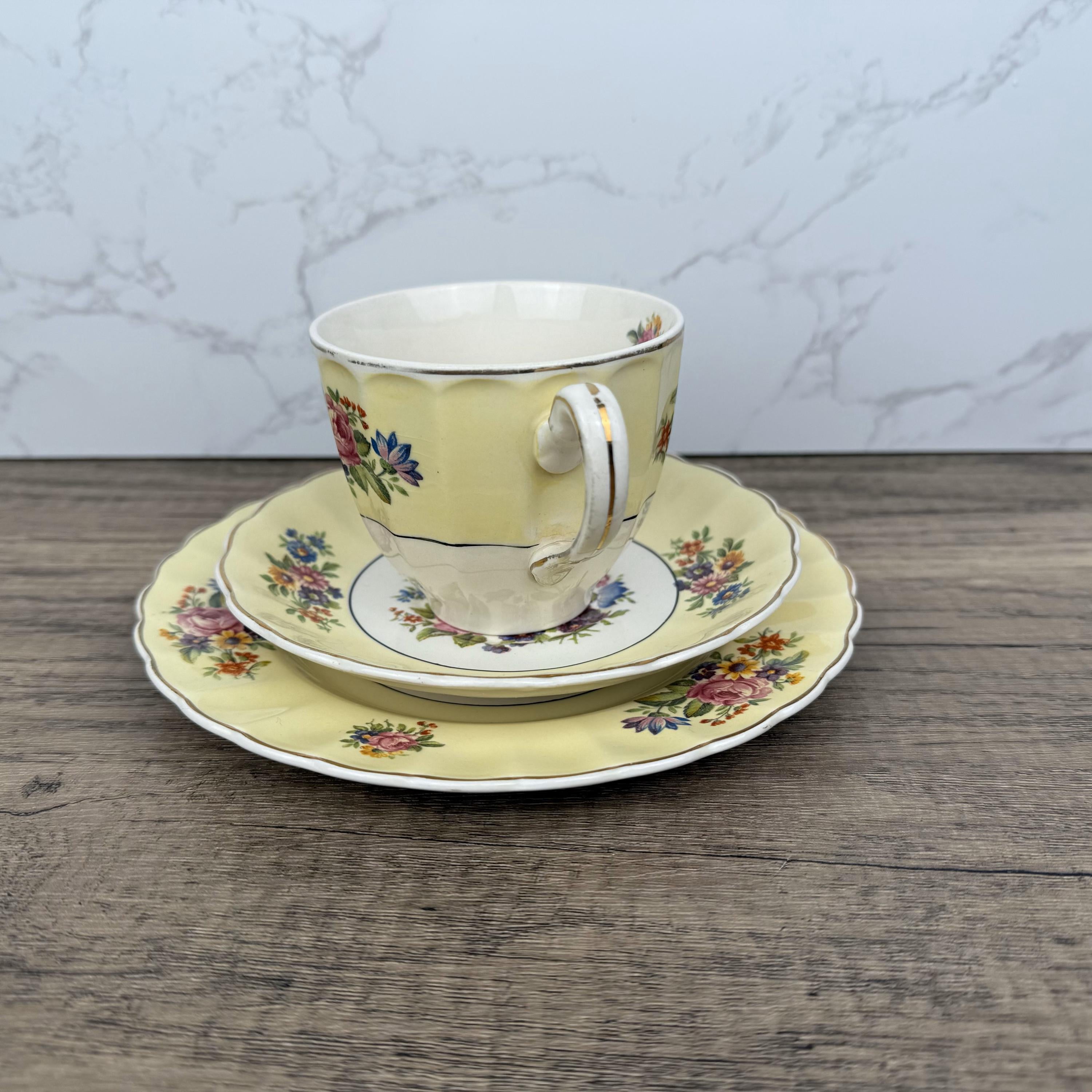Vintage Edinburgh Castle Porcelain Tea Cup Trio, Floral Tea Set