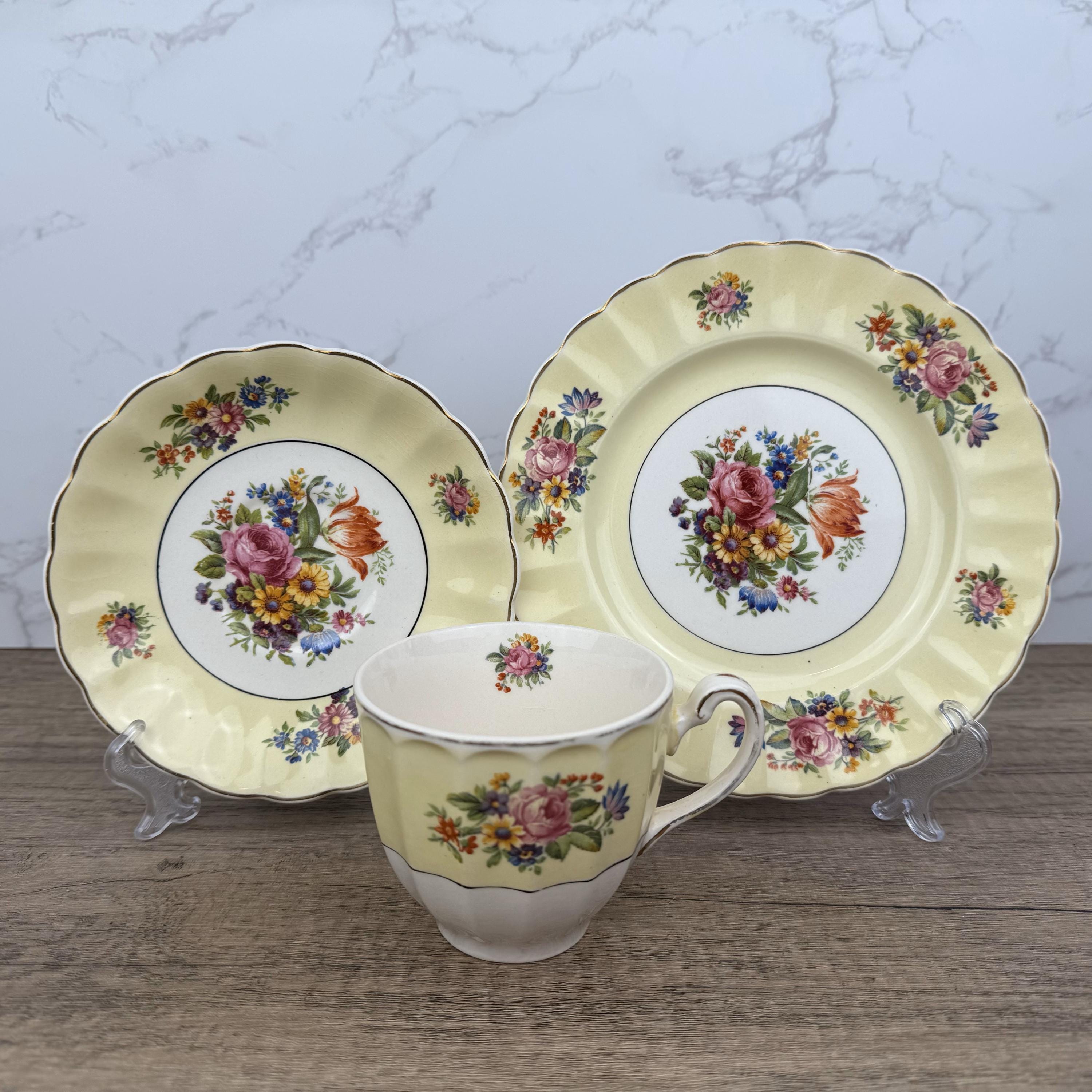 Vintage Edinburgh Castle Porcelain Tea Cup Trio, Floral Tea Set
