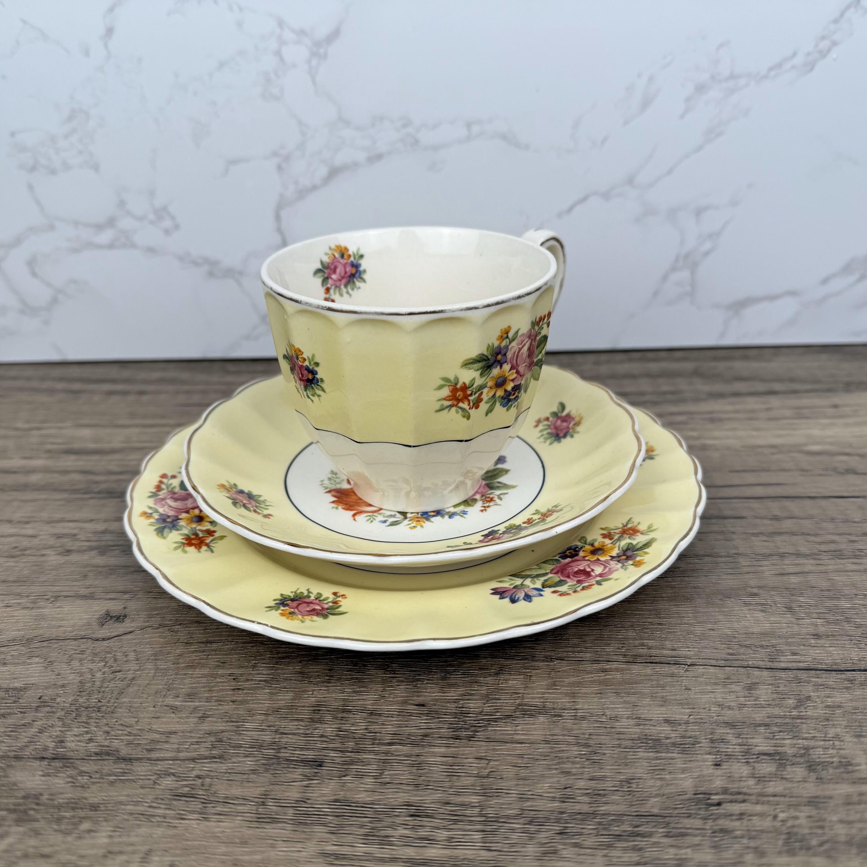 Vintage Edinburgh Castle Porcelain Tea Cup Trio, Floral Tea Set