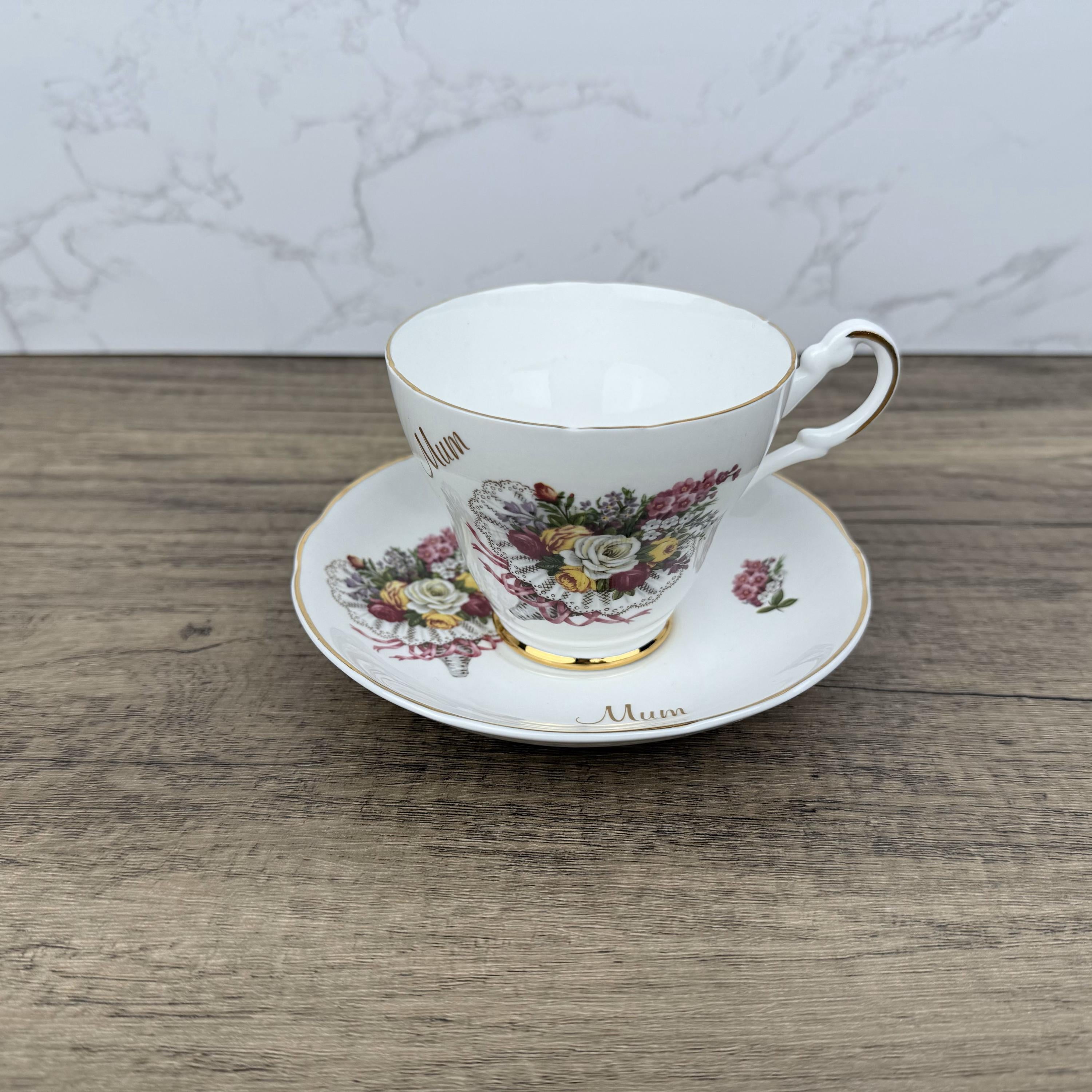 Vintage Argyle Bone China Tea Cup and Saucer, "Mum" Floral Design
