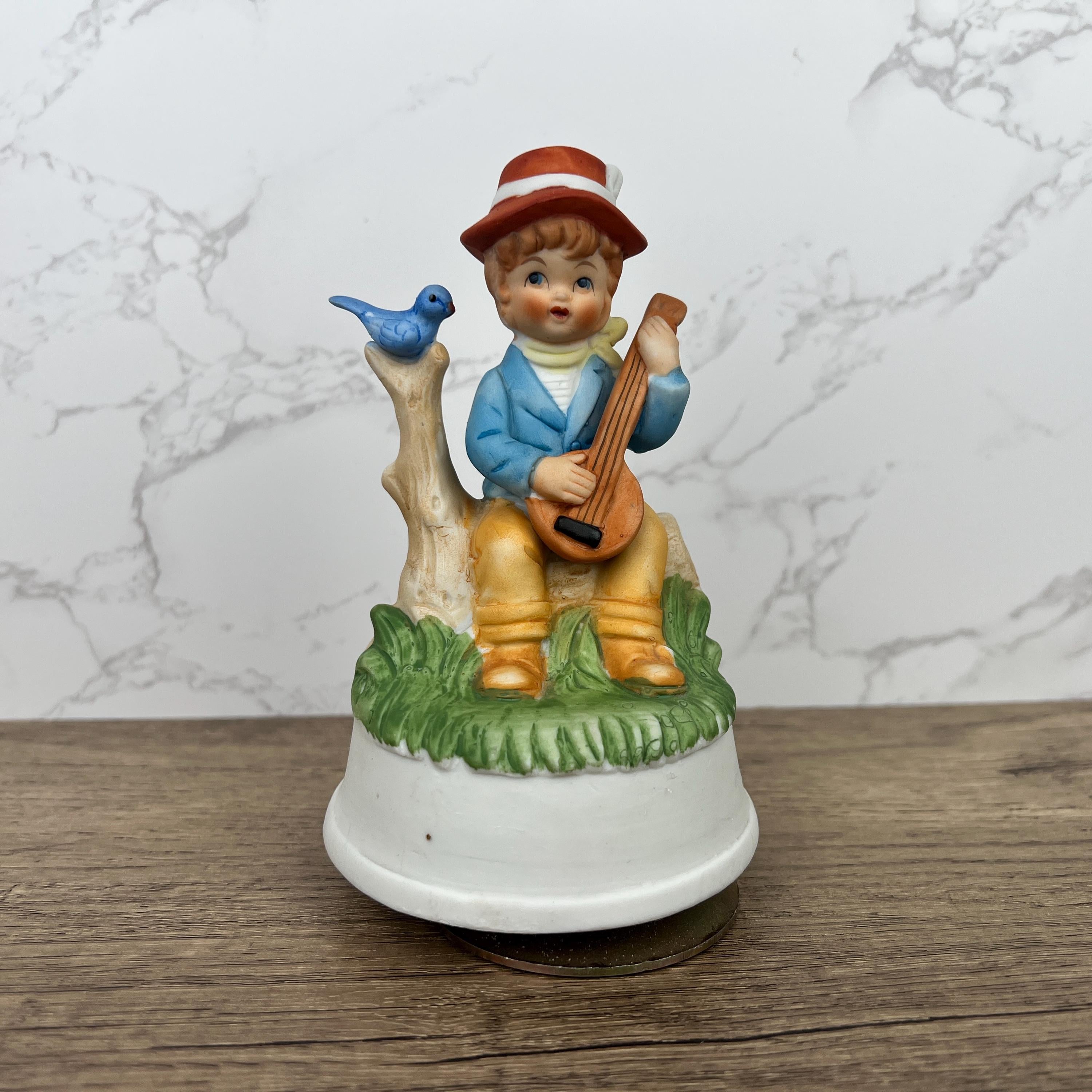 Vintage Hummel Style Porcelain Music Box Figurine, Boy with Banjo