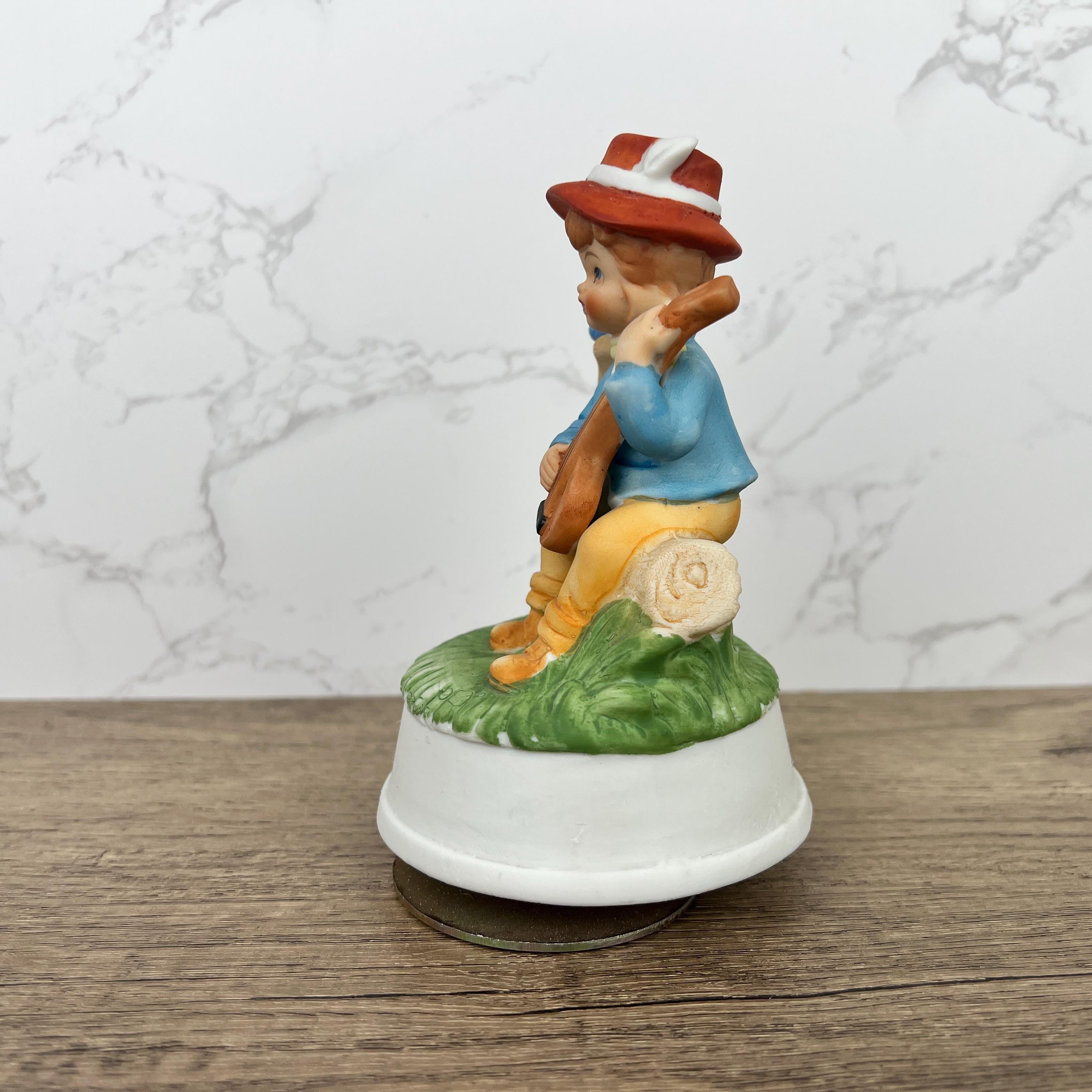 Vintage Hummel Style Porcelain Music Box Figurine, Boy with Banjo