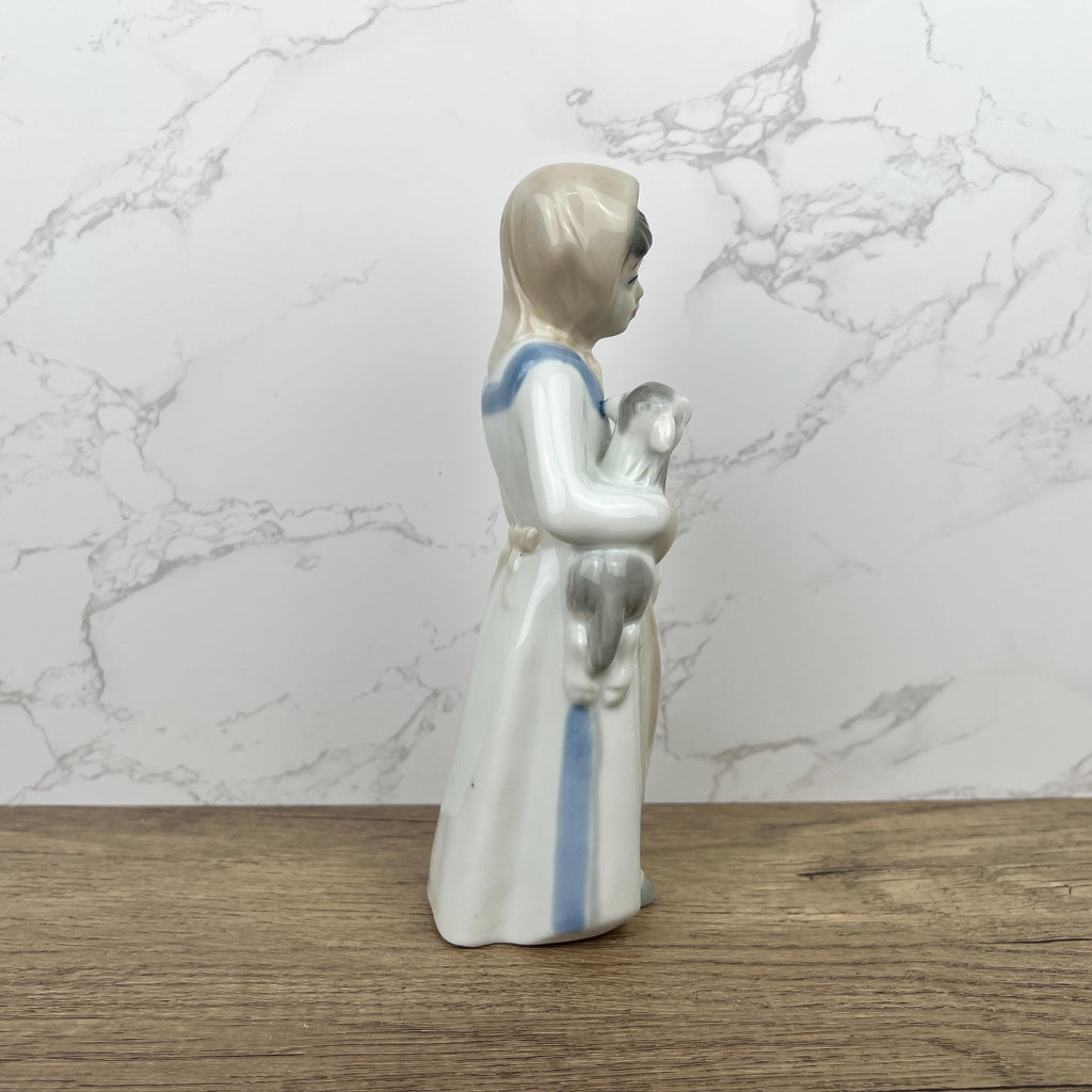Handmade Sango Porcelain Girl with Lamb Figurine, Vintage Lladro Style Decor