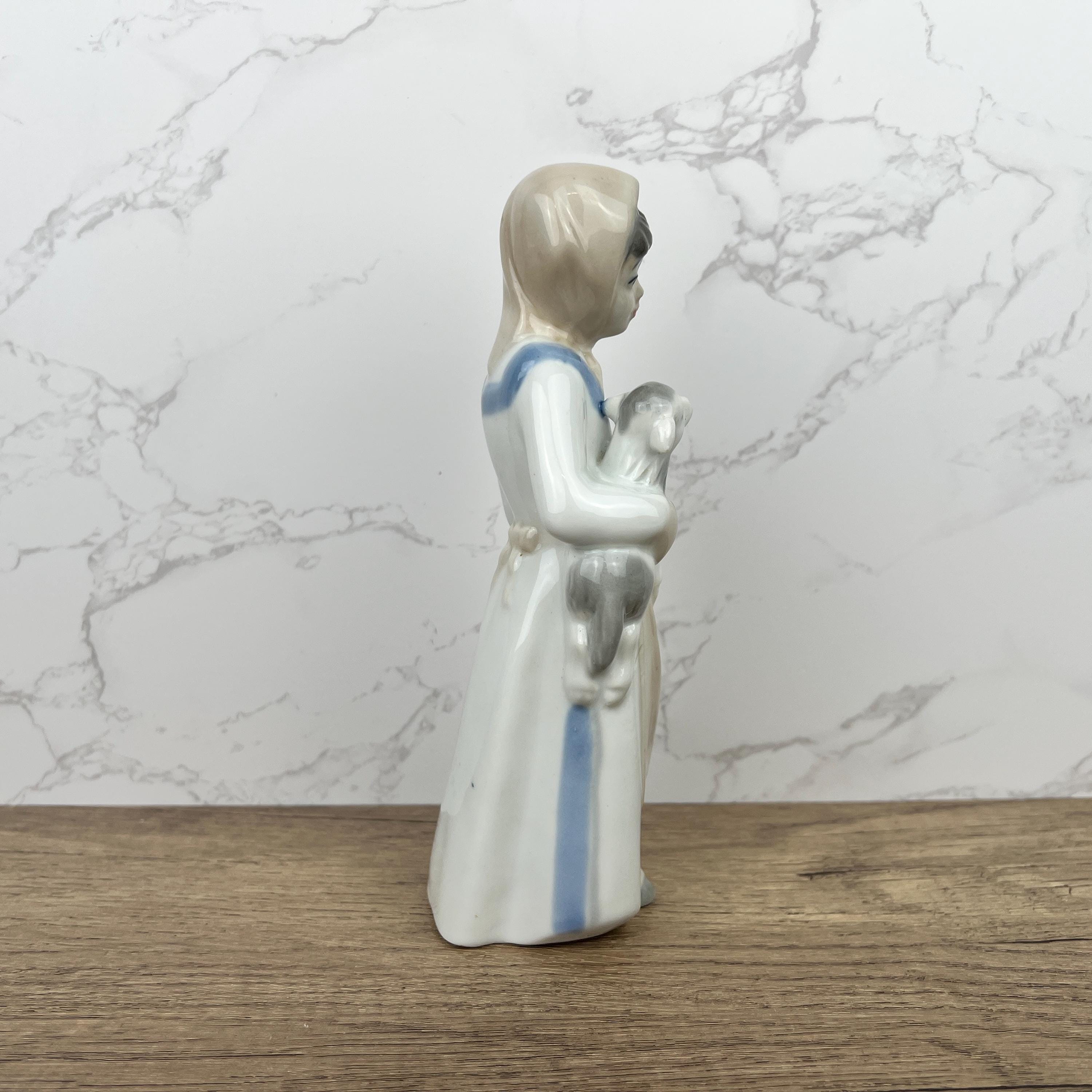 Handmade Sango Porcelain Girl with Lamb Figurine, Vintage Lladro Style Decor