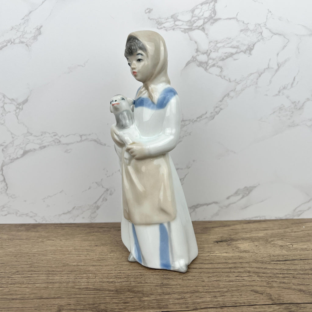 Handmade Sango Porcelain Girl with Lamb Figurine, Vintage Lladro Style Decor