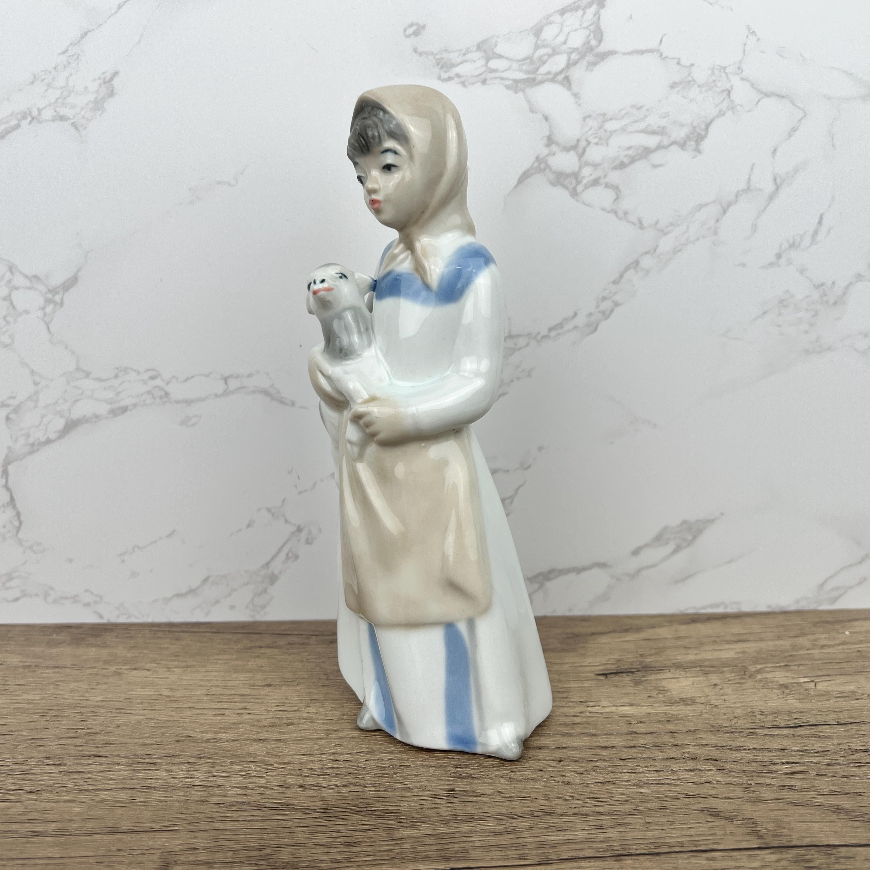 Handmade Sango Porcelain Girl with Lamb Figurine, Vintage Lladro Style Decor